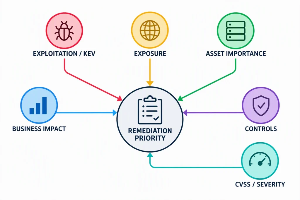 Exploitation evidence, exposure, asset importance, business impact, controls, and severity converge into a remediation priority.
