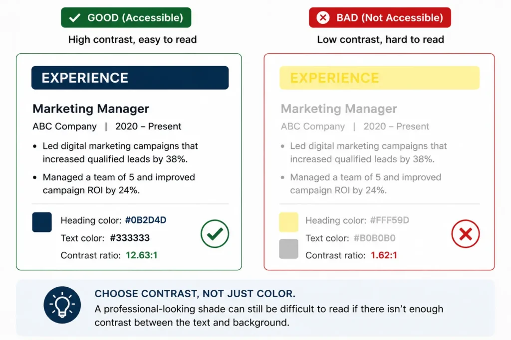 Comparison of accessible high-contrast resume colors and low-contrast colors, showing how color contrast affects resume readability.