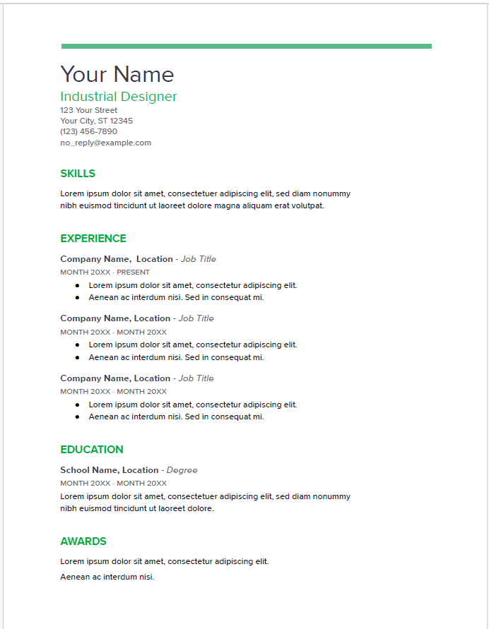 This templates depicts "Spearmint Creative" google docs resume template