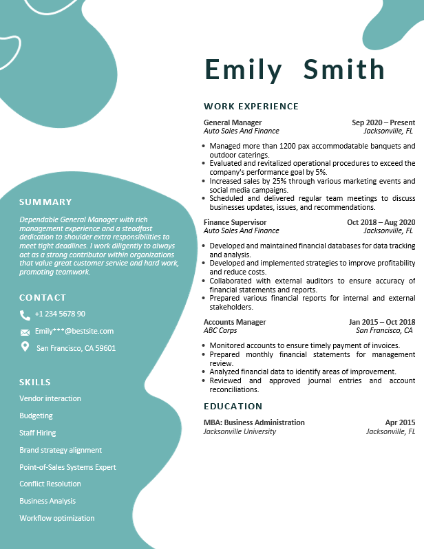 General Manager Resume Example Showing summary skills and work experience of general manager resume.