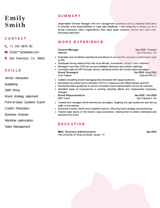 General Manager Resume Example Showing summary skills and work experience of general manager resume with no prior management experience.