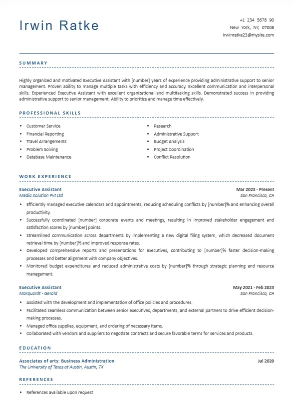 single page executive assistant resume example. This resume template is crisp and showing each section clearly demarcated and will surely attract attention of hiring managers.