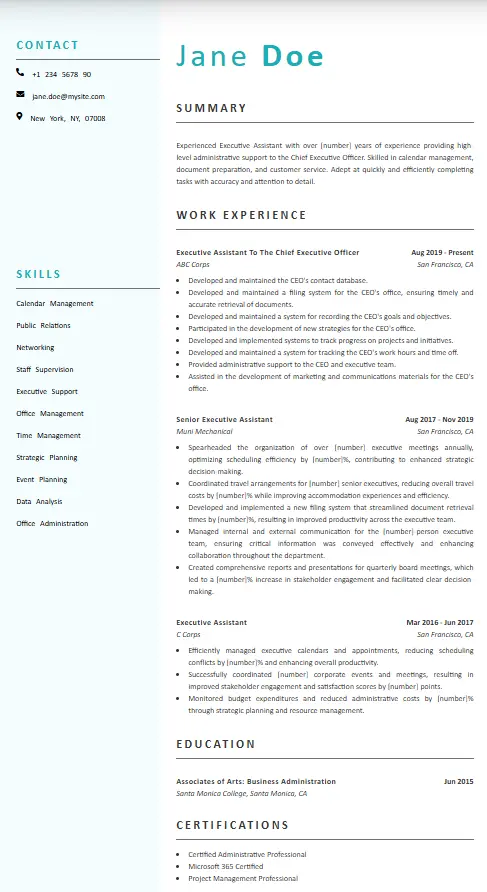 C- Level executive assistant resume example. This example clearly shows "How to make executive assistant resume" at the senior level
