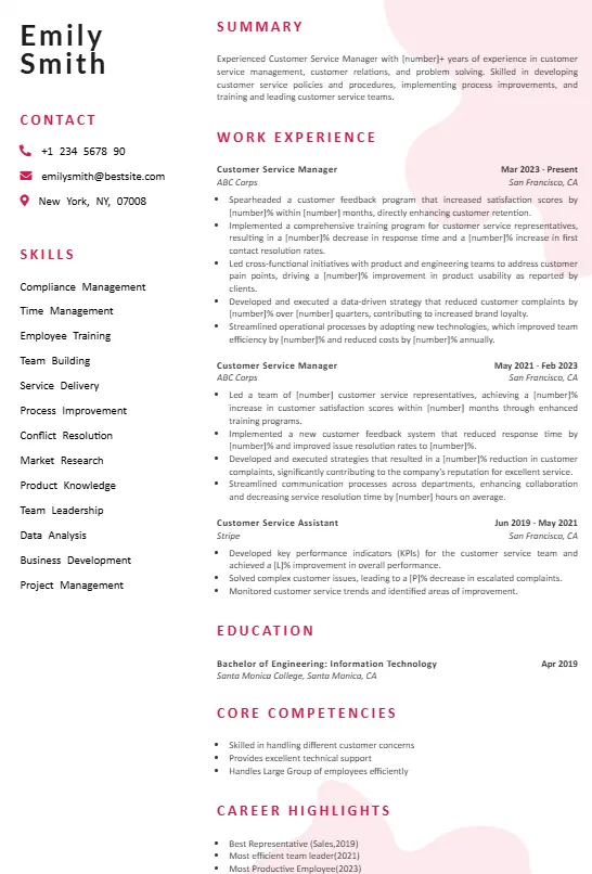 Customer service resume - Manager 