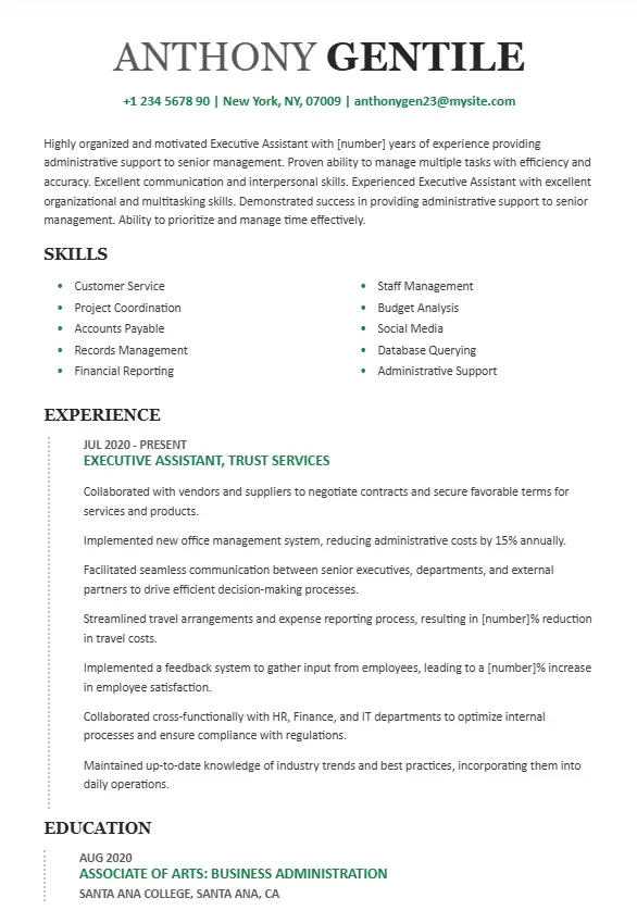 This resume is an example for entry level executive assistant resume. Simple yet crisp template is ats friendly and 100% customizable.