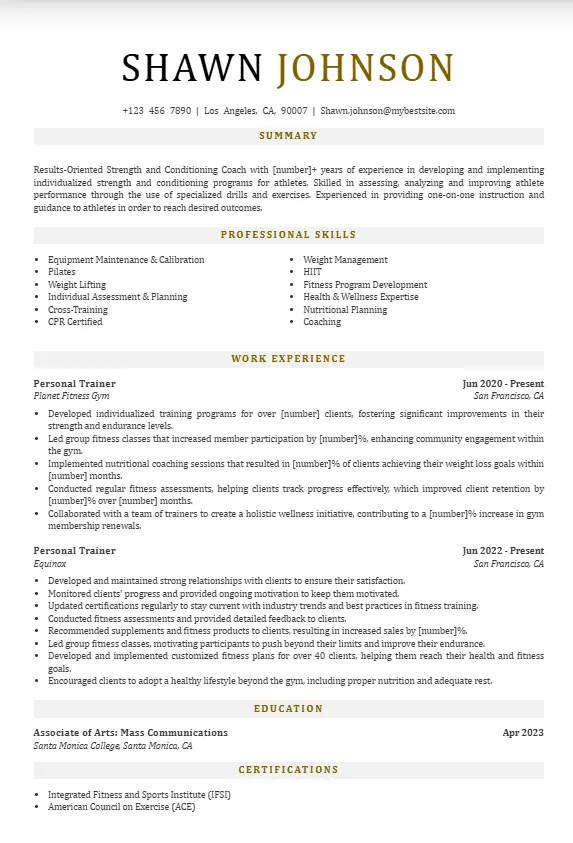 Experienced Personal trainer resume Example