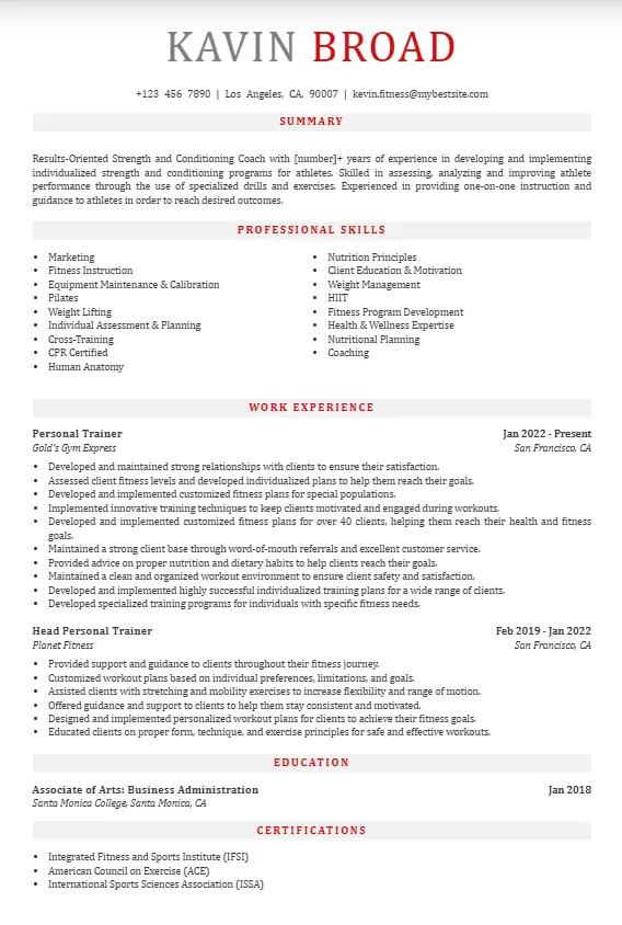 Specialist Personal trainer Resume Example