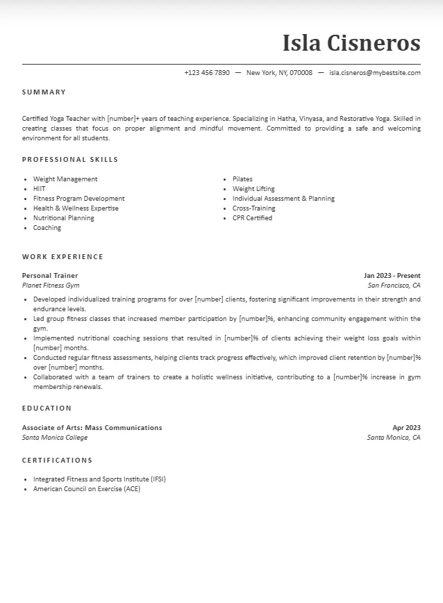 Entry Level Personal trainer resume Example