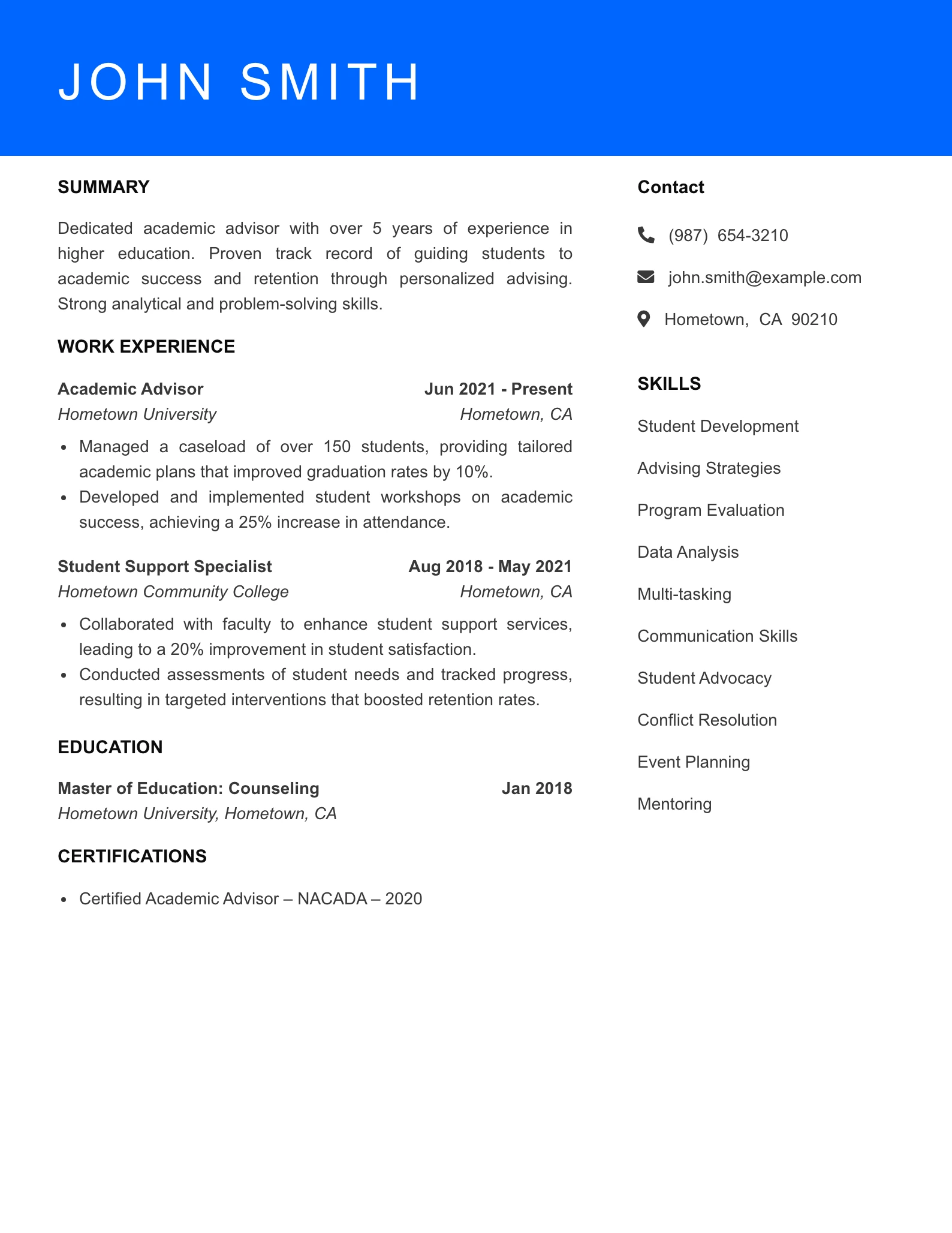 Mid Level Academic Advisor Resume Sample