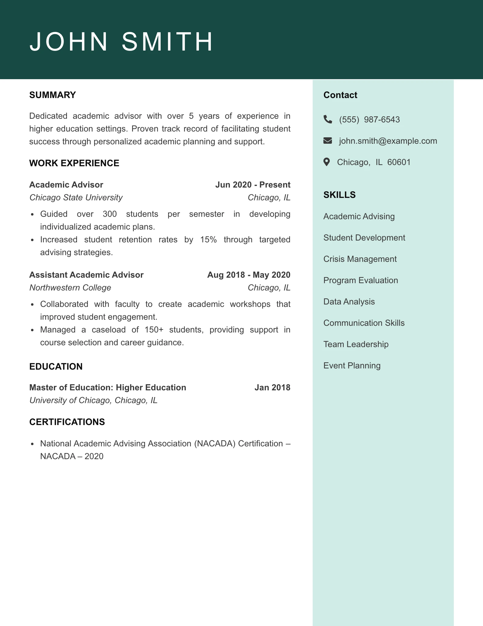 Mid Level Academic Advisor Resume Example
