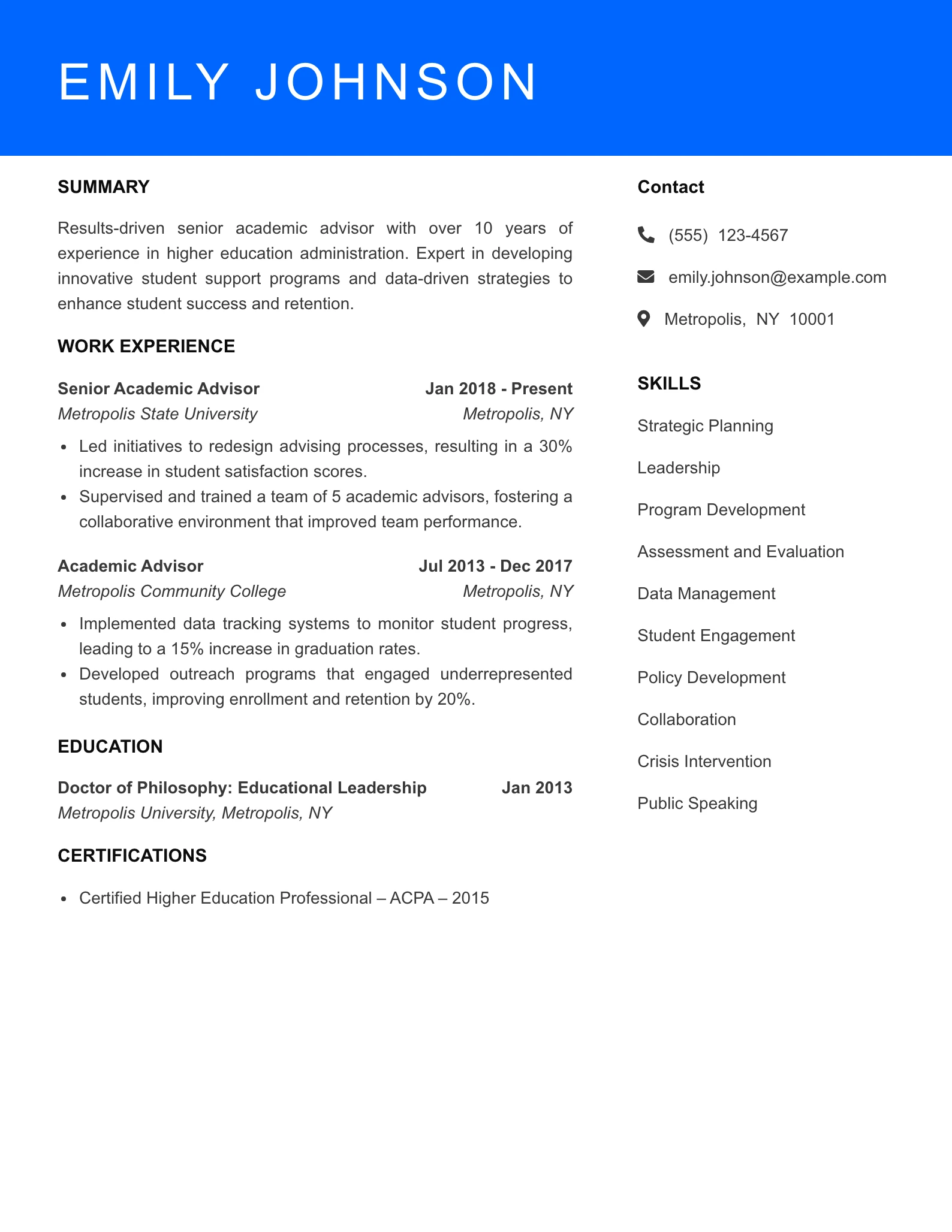Senior Level Academic Advisor Resume Sample