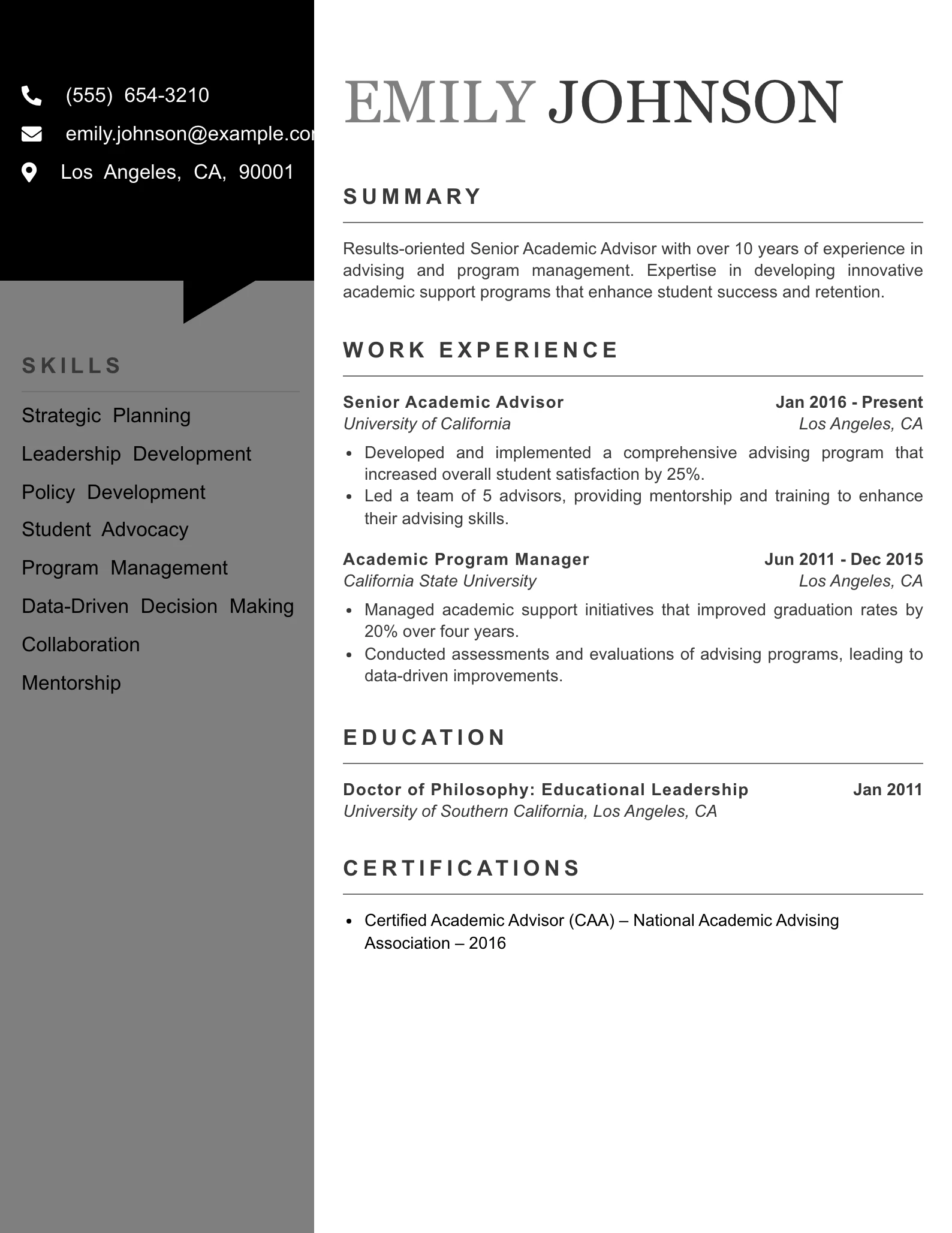 Senior Level Academic Advisor Resume Example