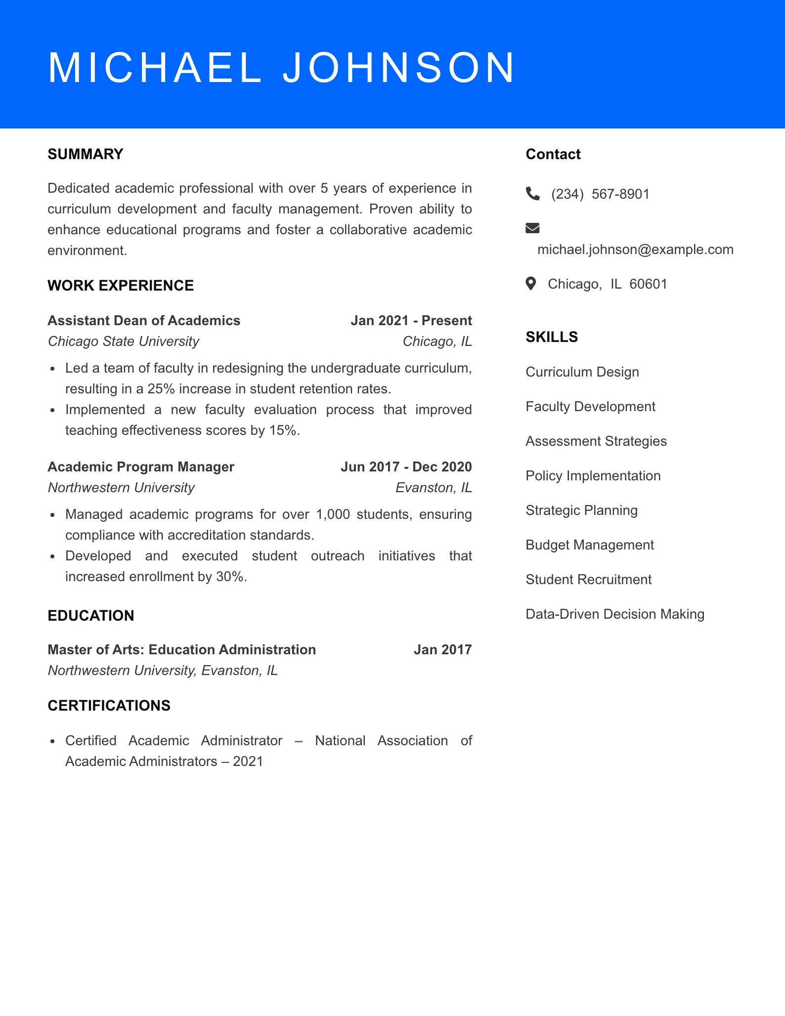 Mid Level Academic Dean Resume Sample
