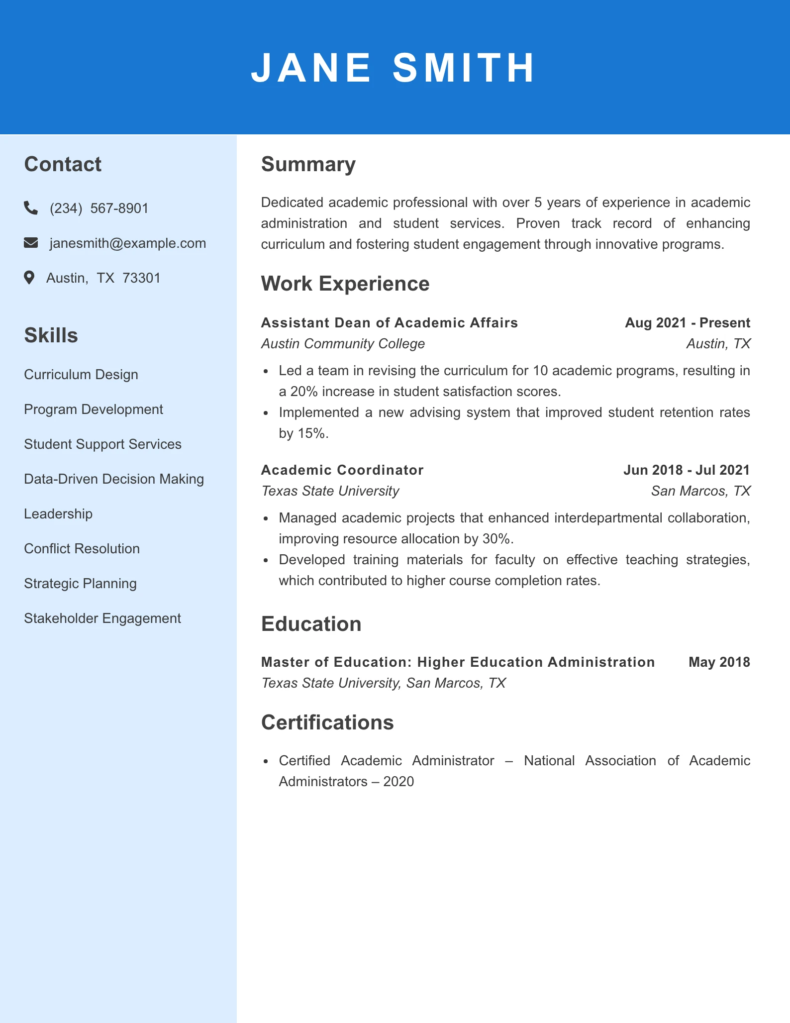 Mid Level Academic Dean Resume Example