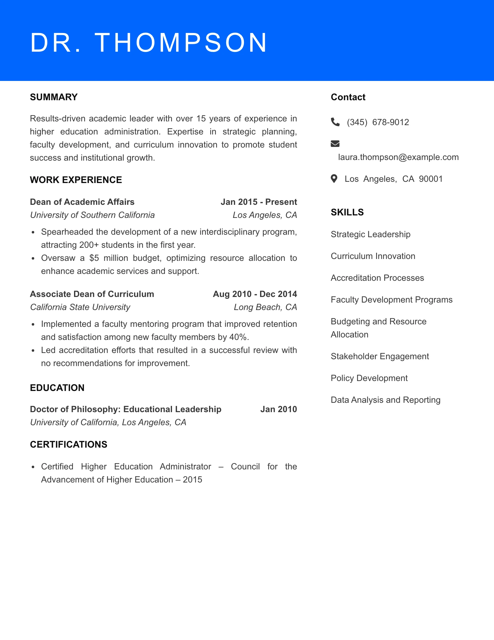 Senior Level Academic Dean Resume Sample