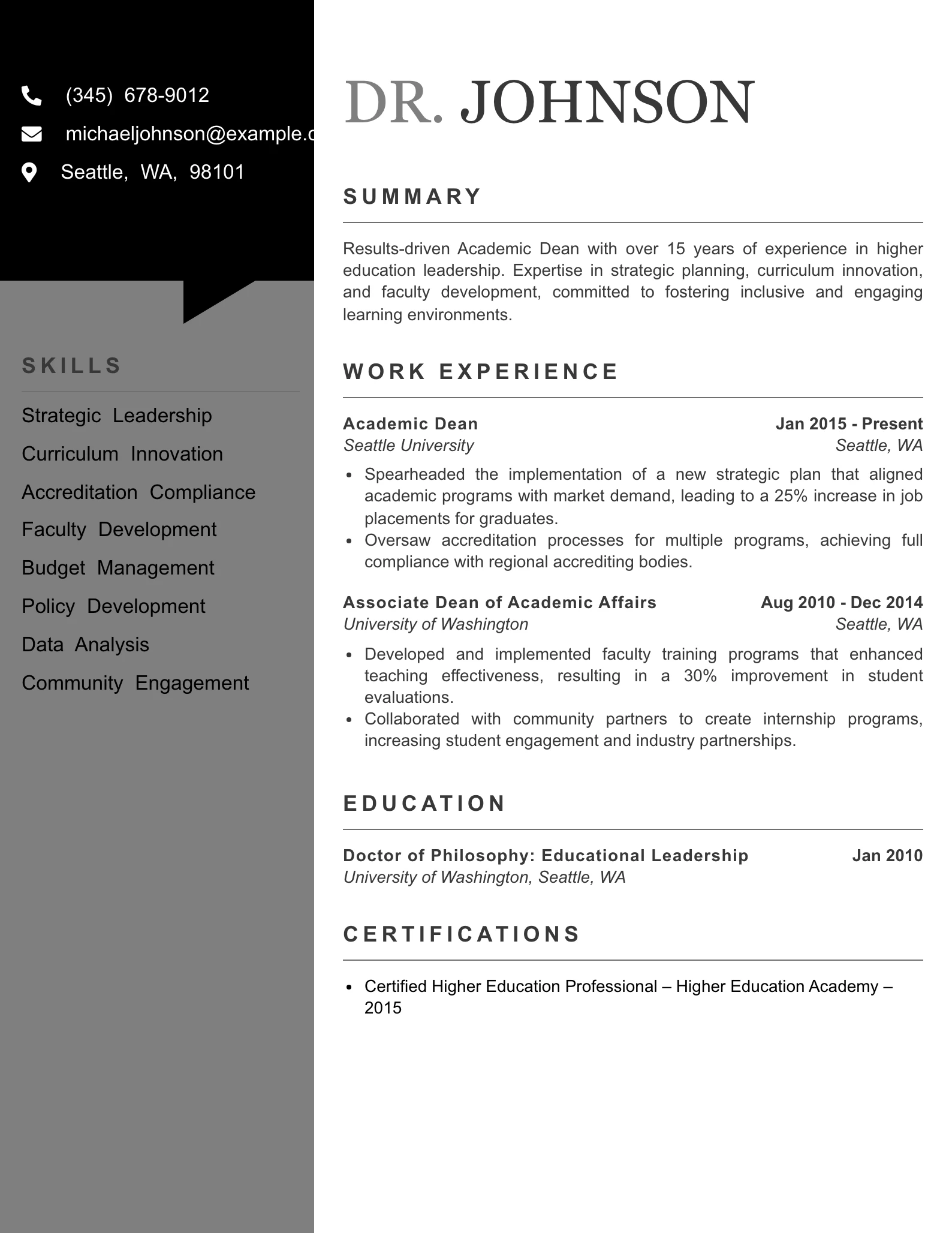 Senior Level Academic Dean Resume Example
