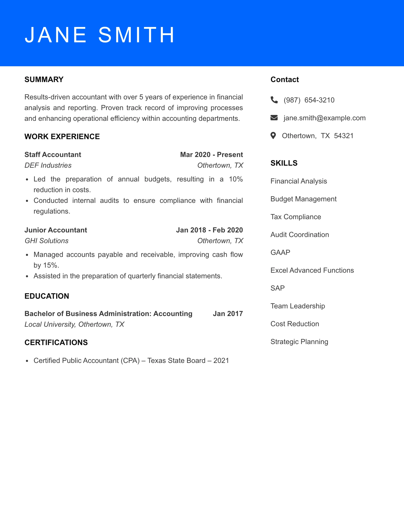 Mid Level Accountant Resume Sample
