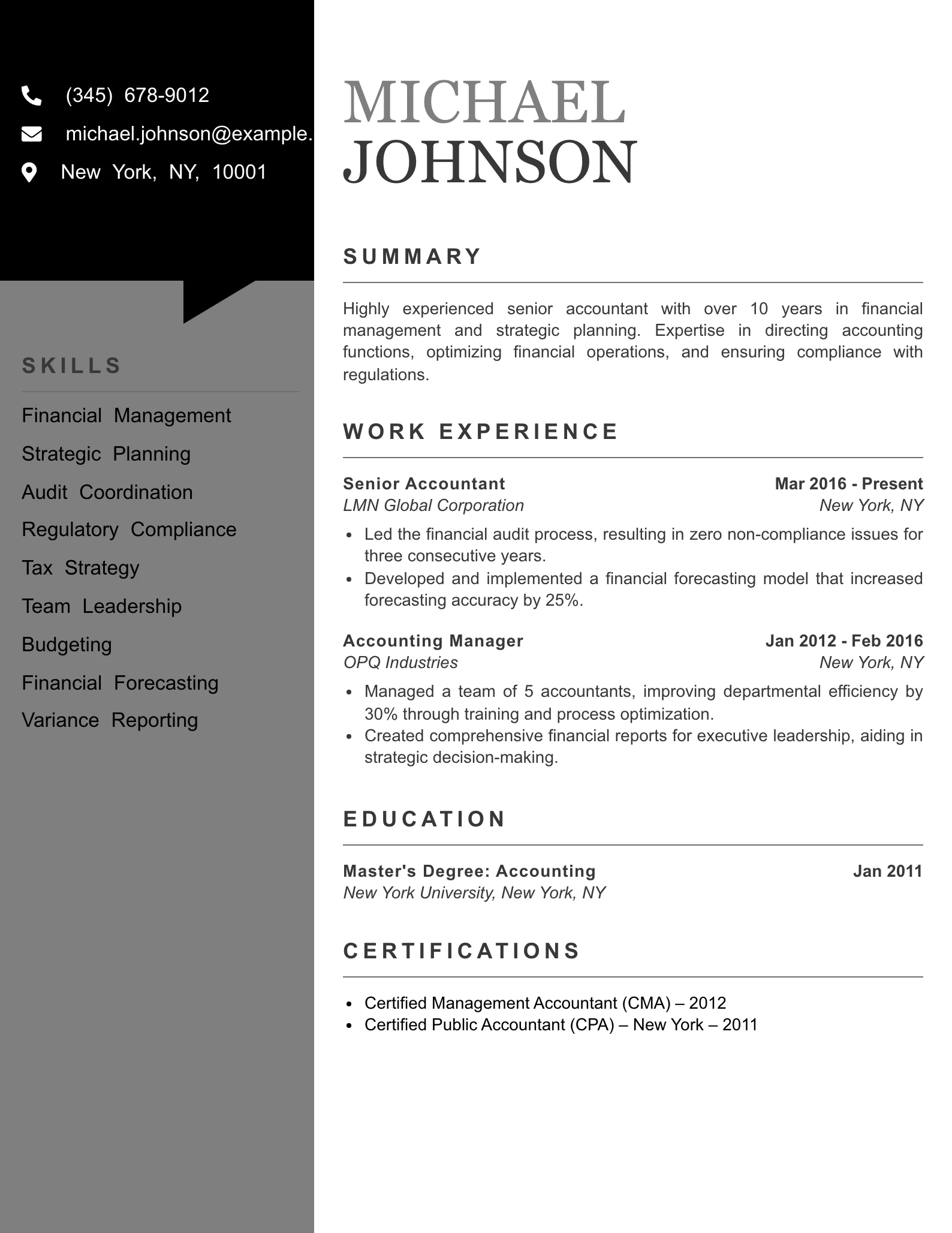 Senior Level Accountant Resume Example