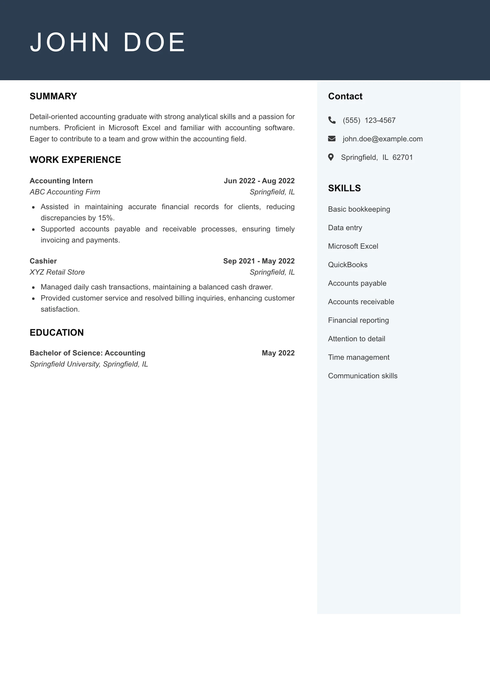 Entry Level Accounting Assistant Resume Example