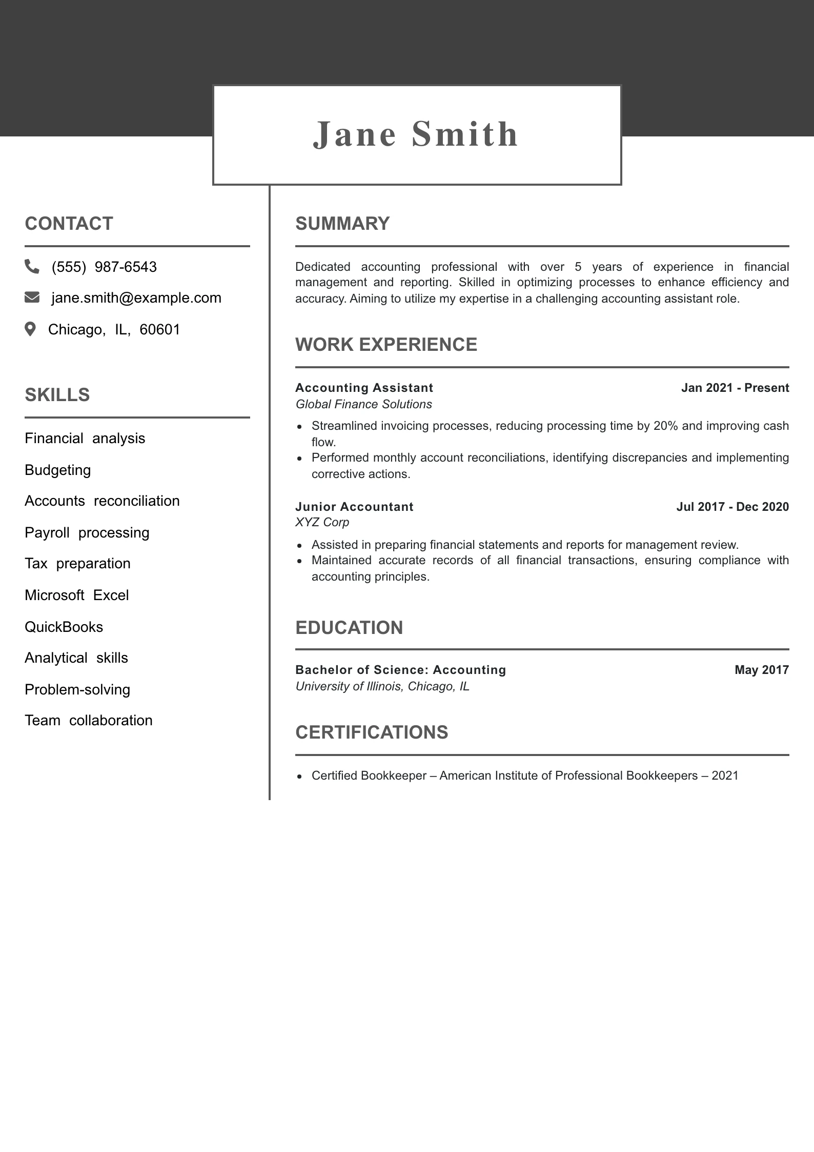 Mid Level Accounting Assistant Resume Example