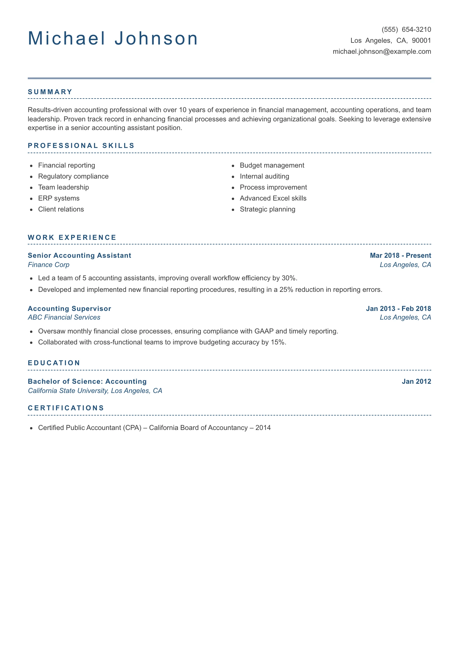 Senior Level Accounting Assistant Resume Example