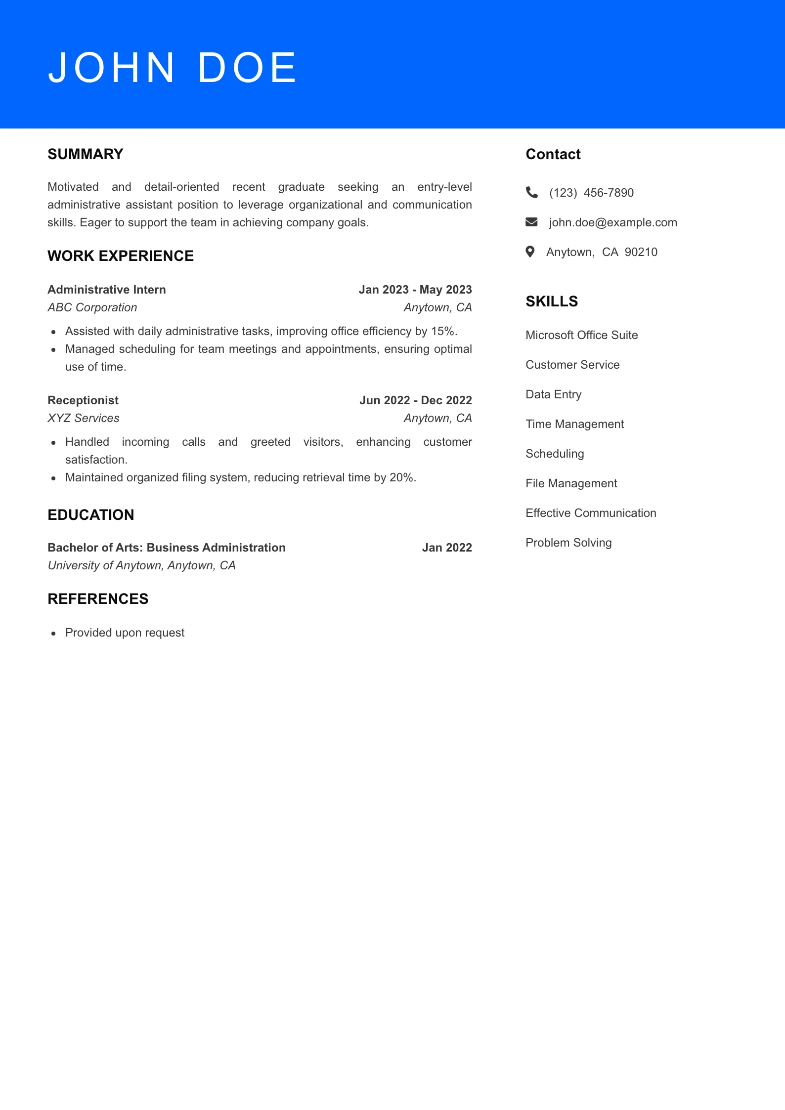 Selected Admin Assistant Resume