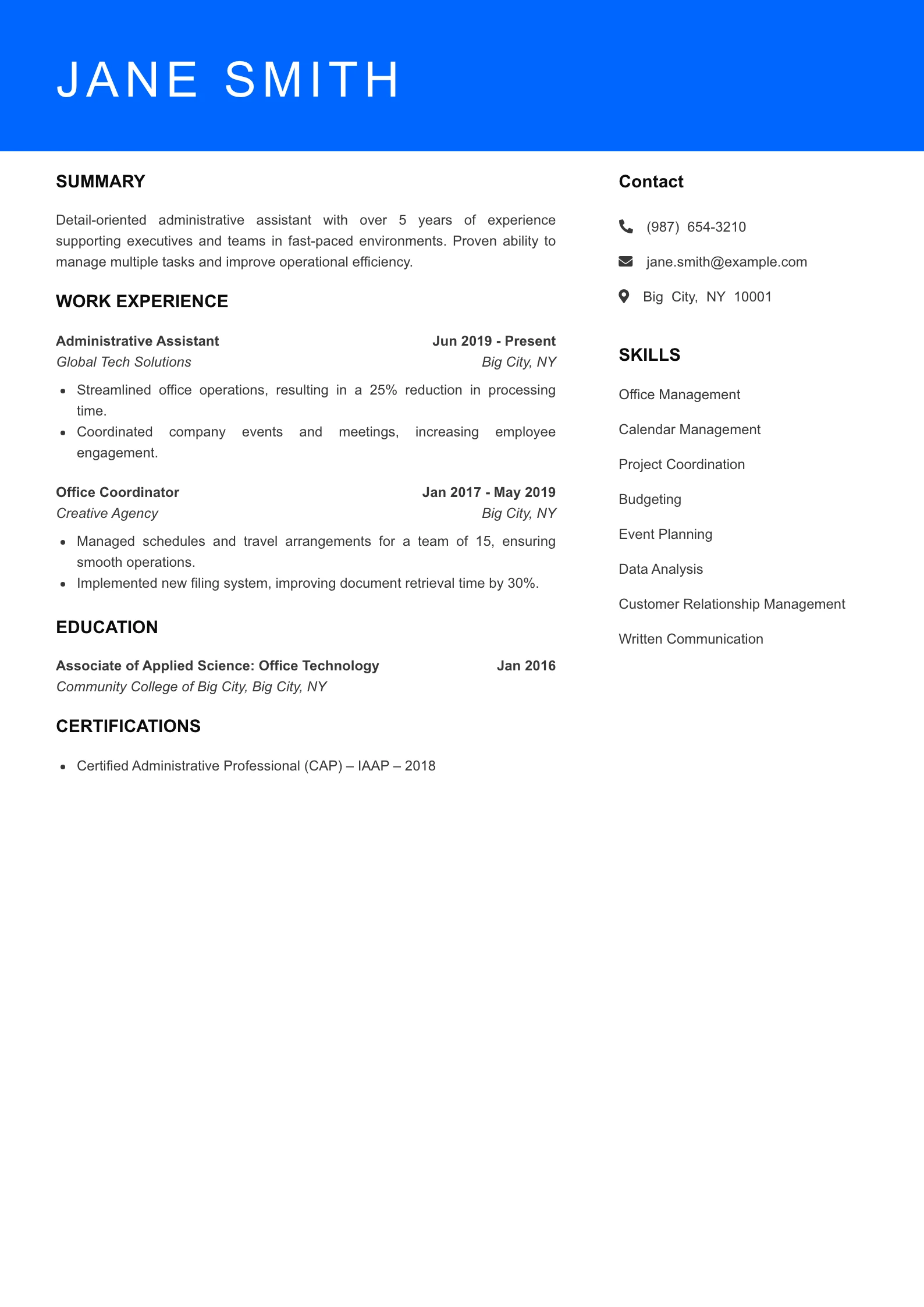 Mid Level Admin Assistant Resume Sample