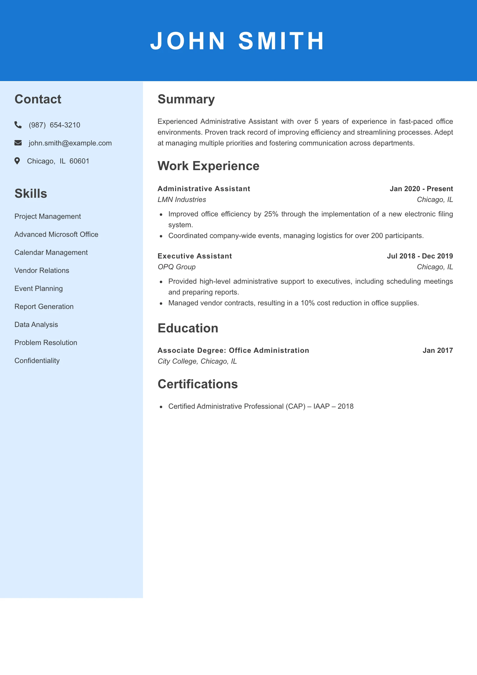 Mid Level Admin Assistant Resume Example