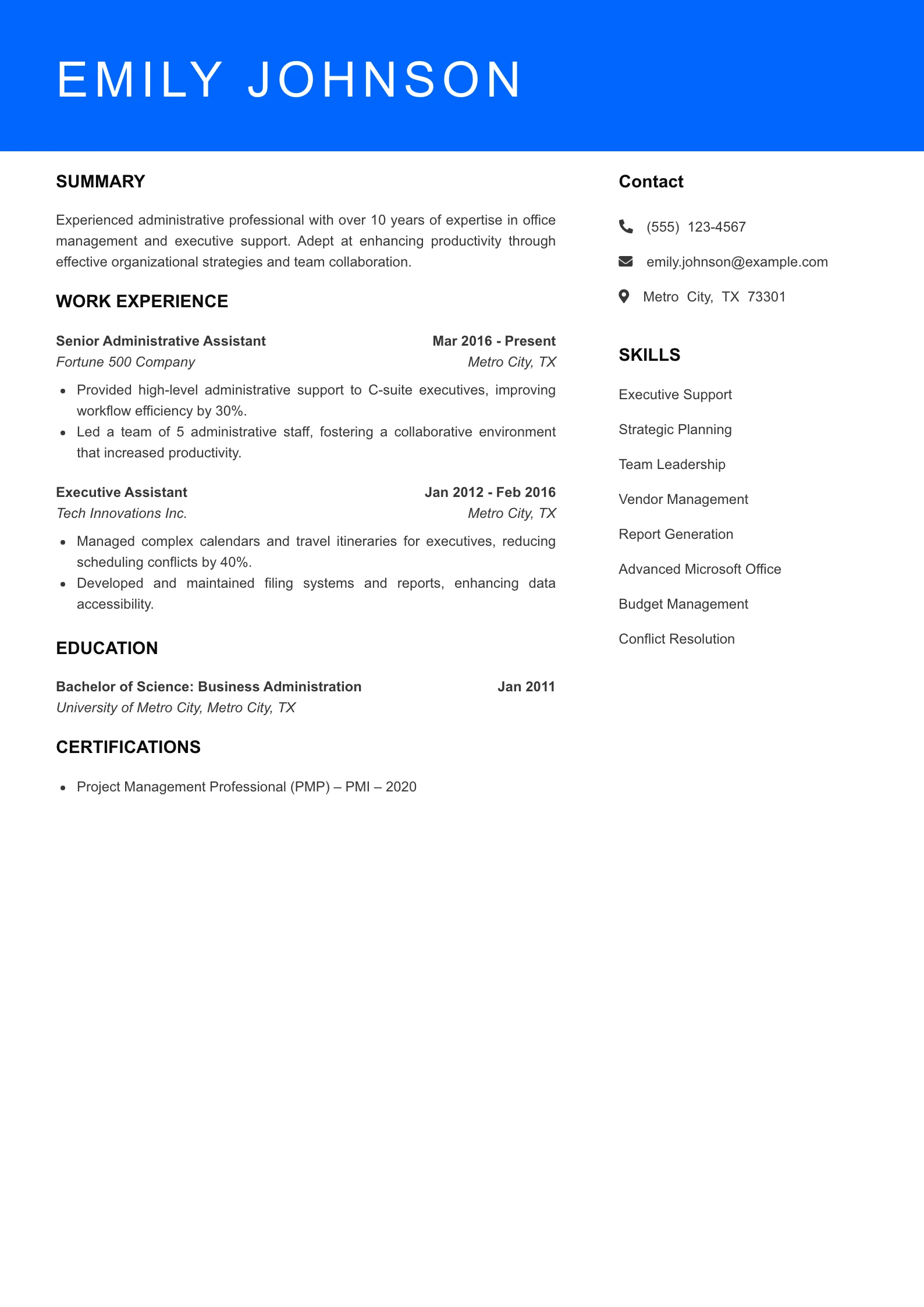 Senior Level Admin Assistant Resume Sample