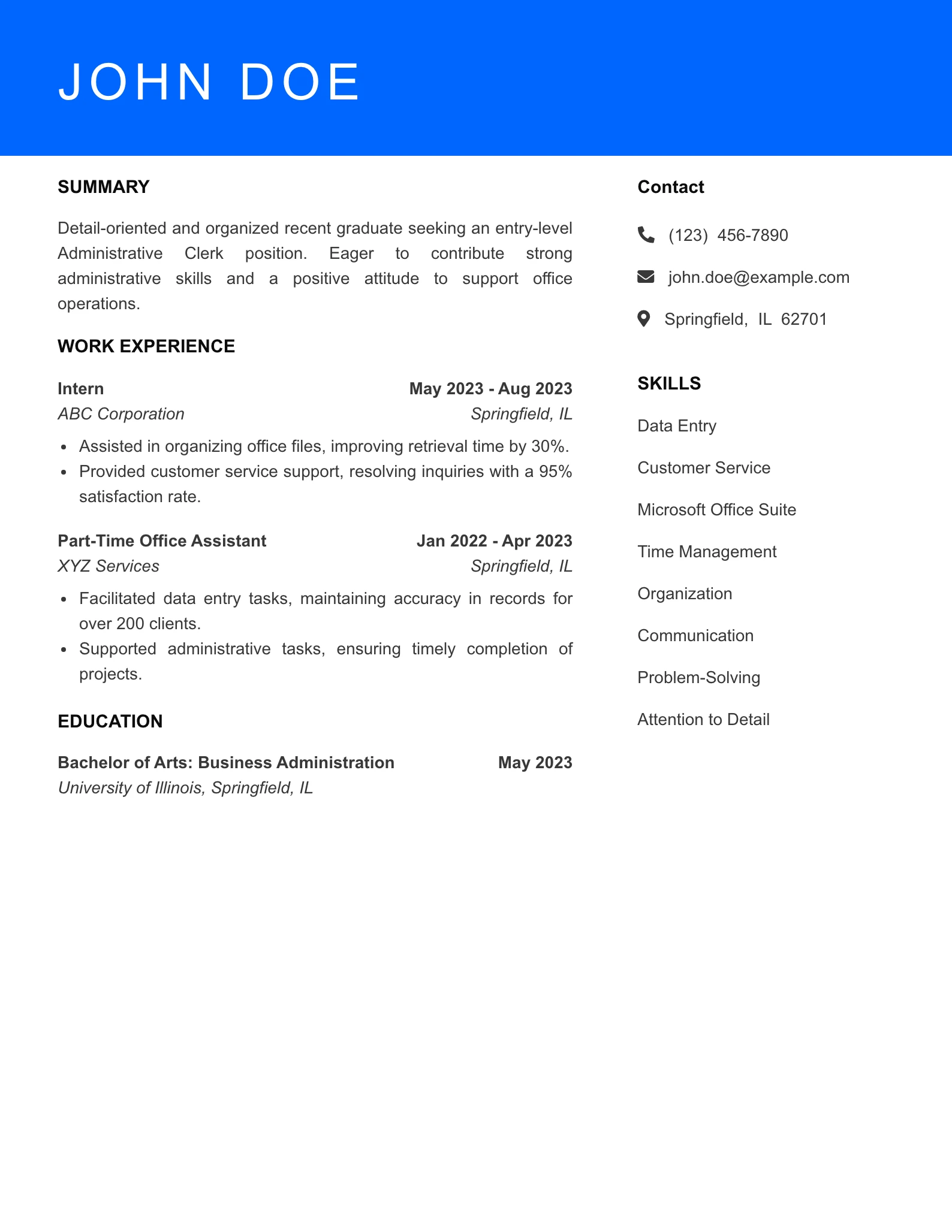 Selected Administrative Clerk Resume