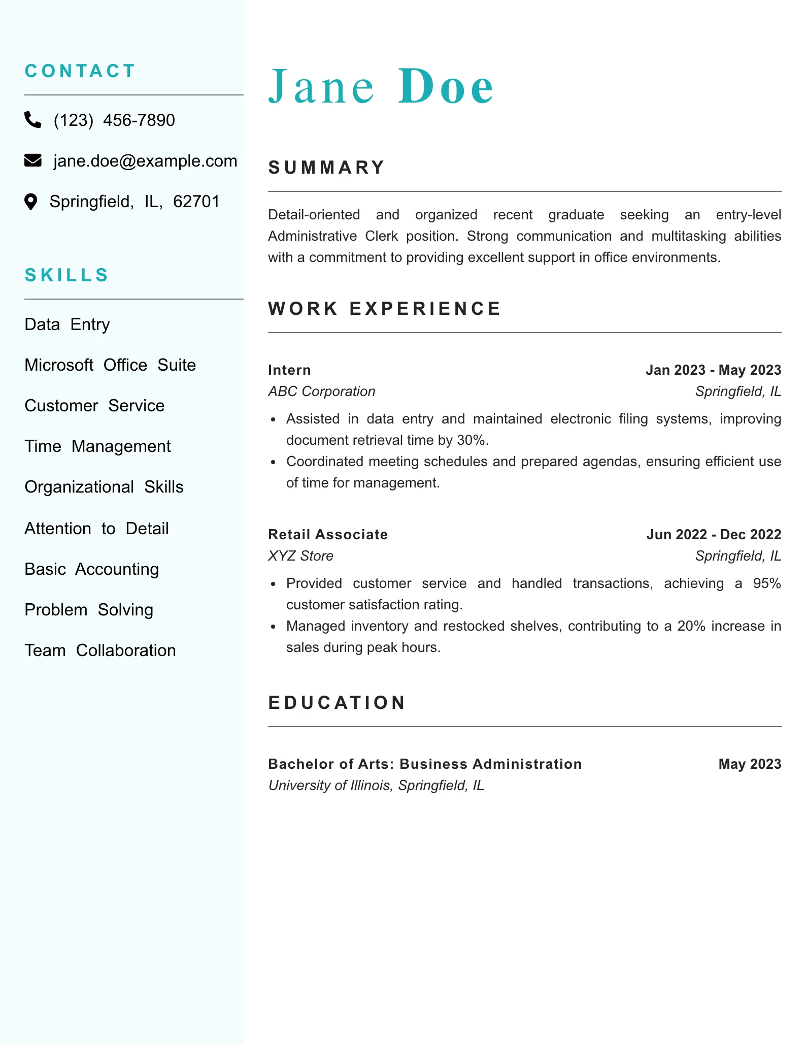 Entry Level Administrative Clerk Resume Example