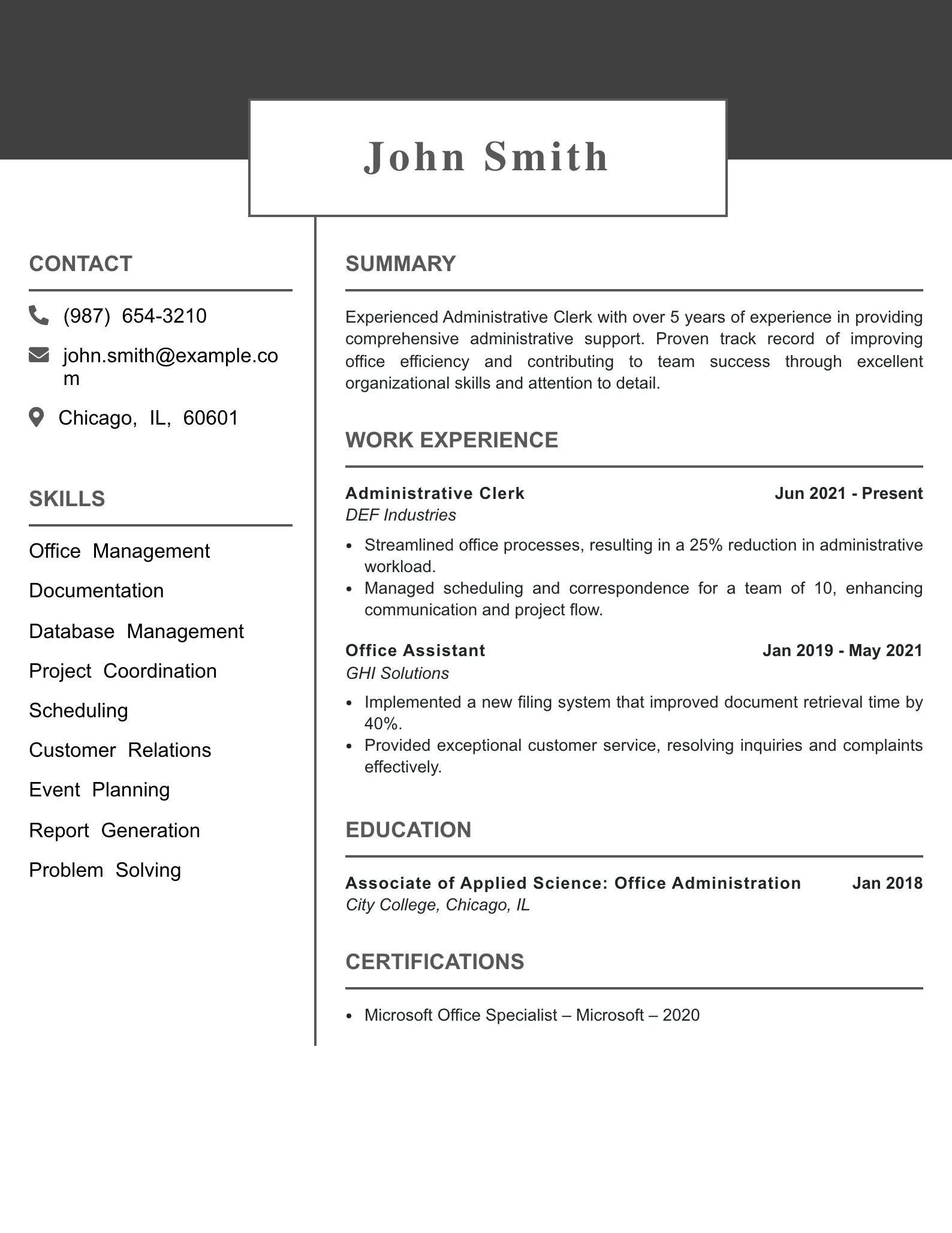 Mid Level Administrative Clerk Resume Example