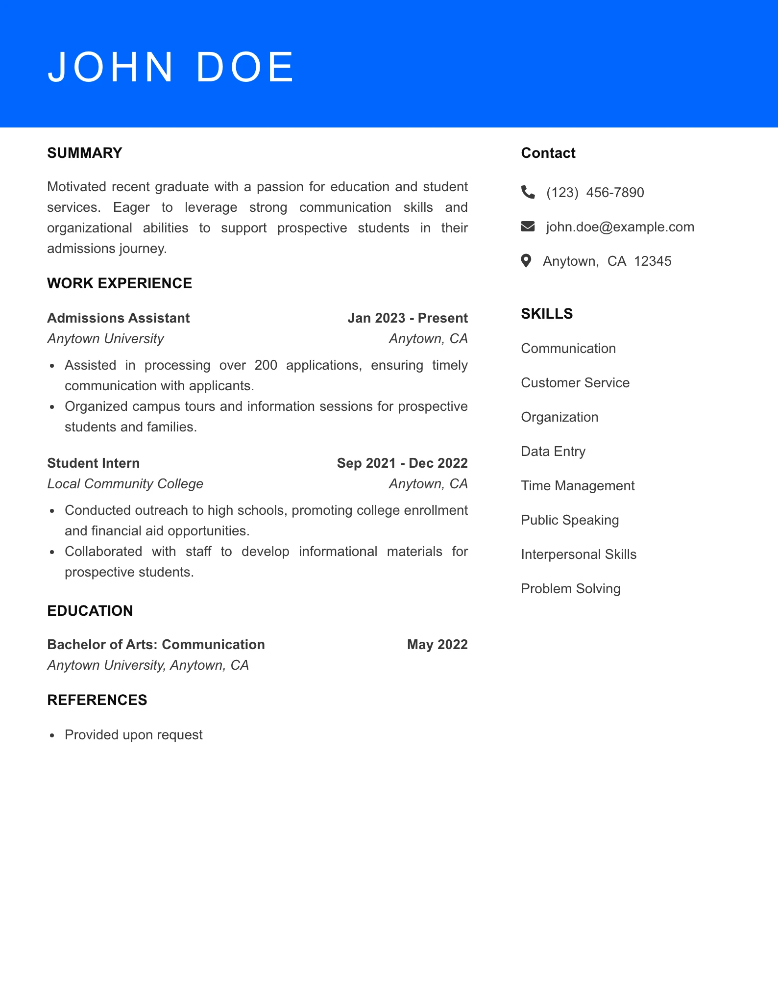 Selected Admissions Counselor Resume