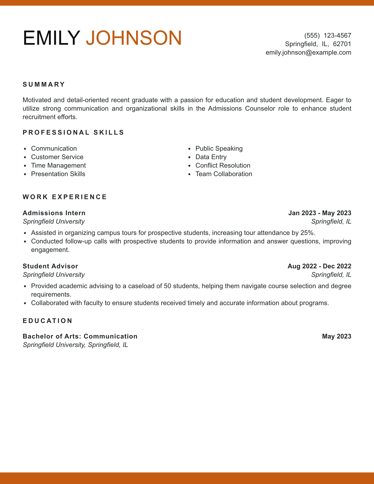 Entry Level Admissions Counselor Resume Example