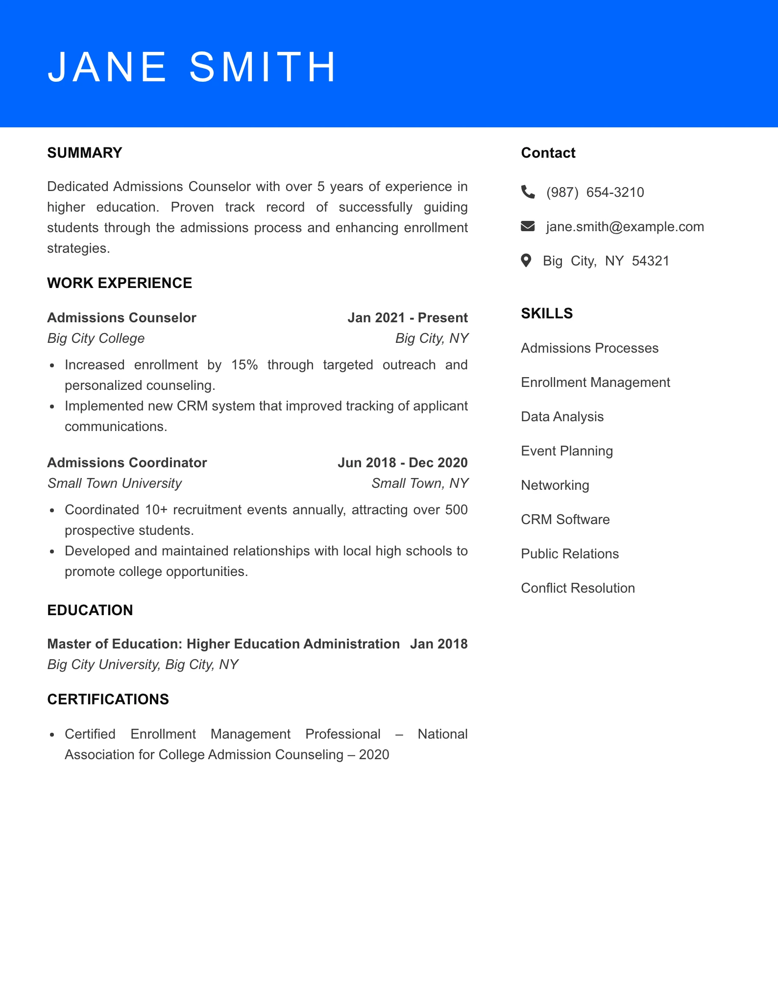 Mid Level Admissions Counselor Resume Sample