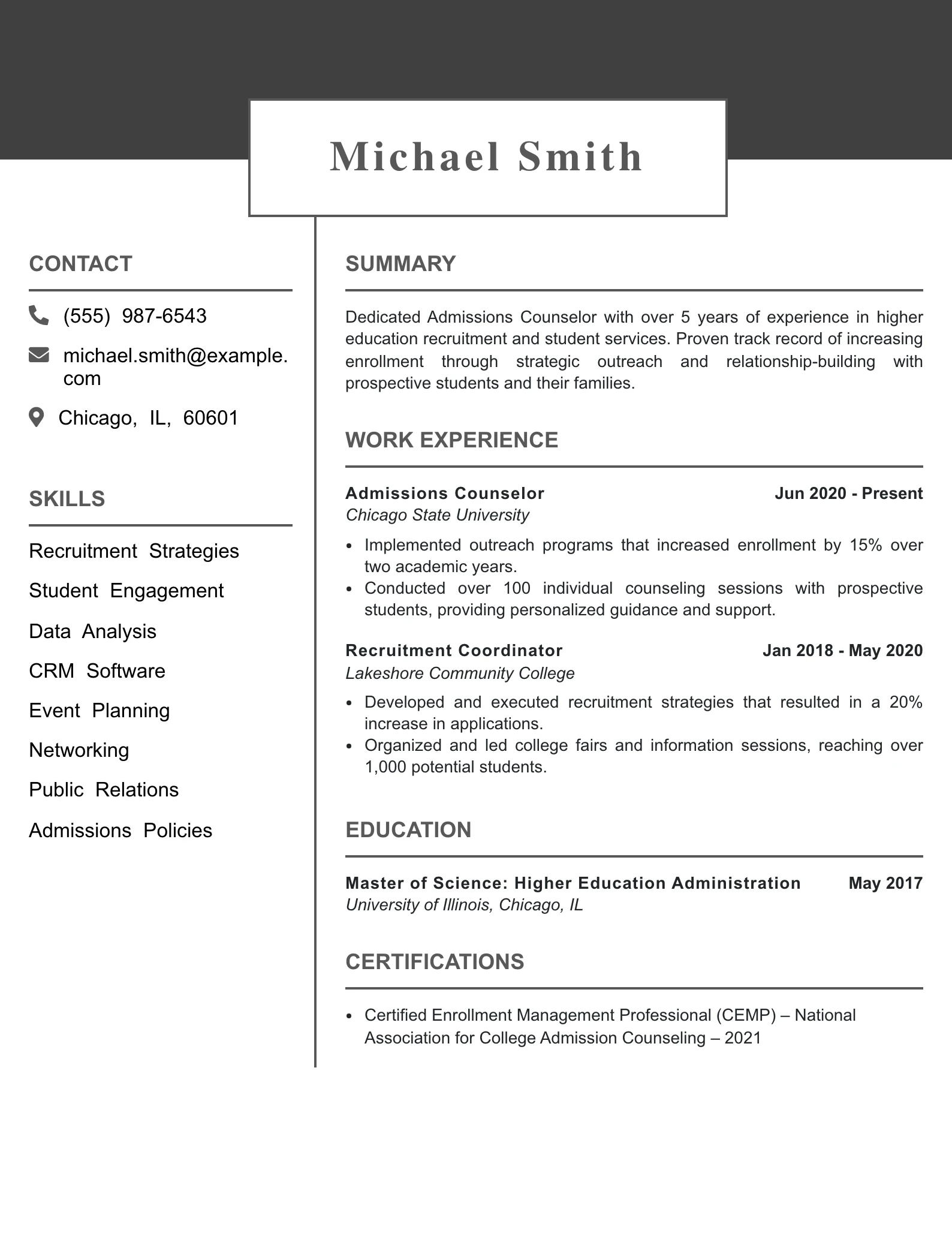 Mid Level Admissions Counselor Resume Example