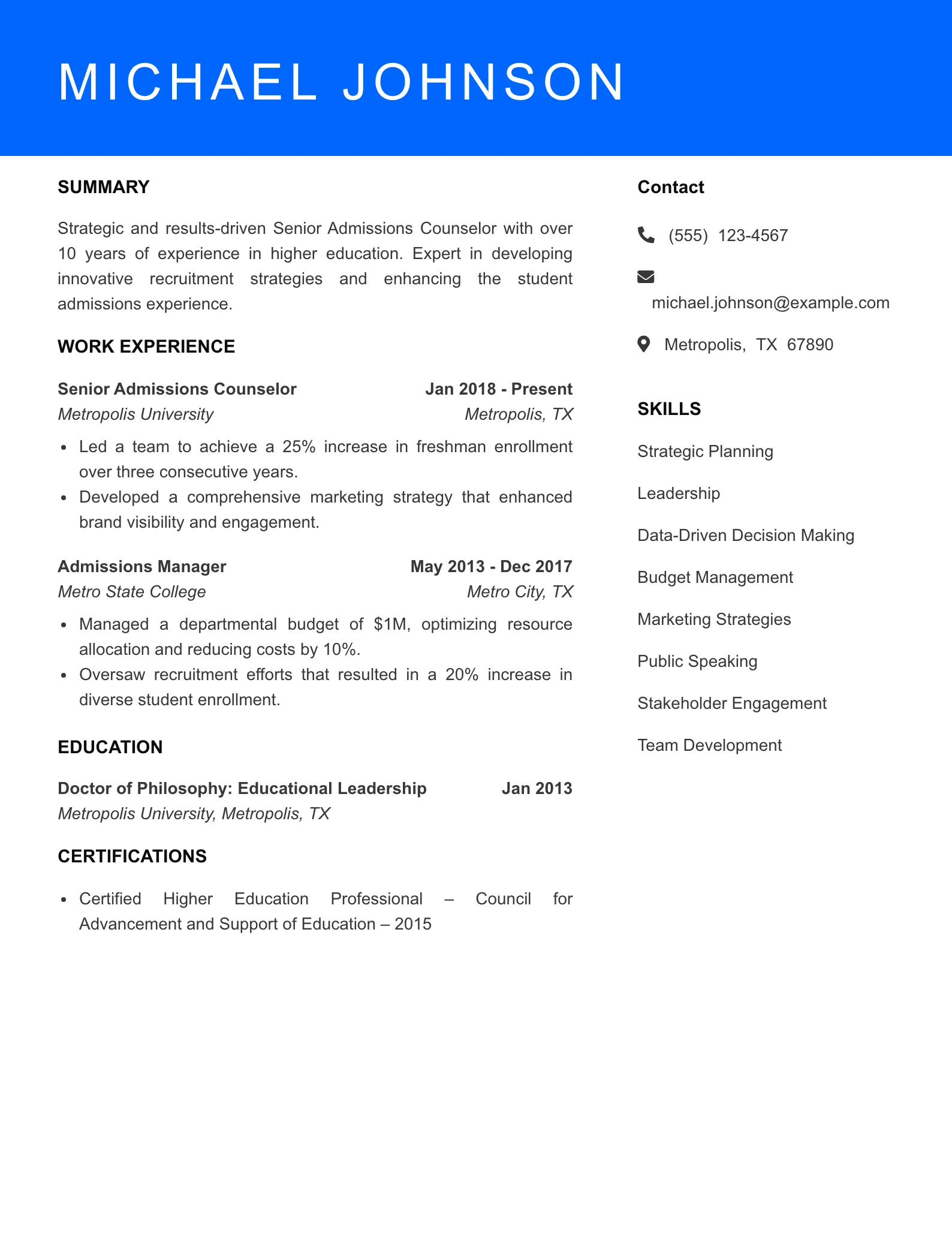 Senior Level Admissions Counselor Resume Sample