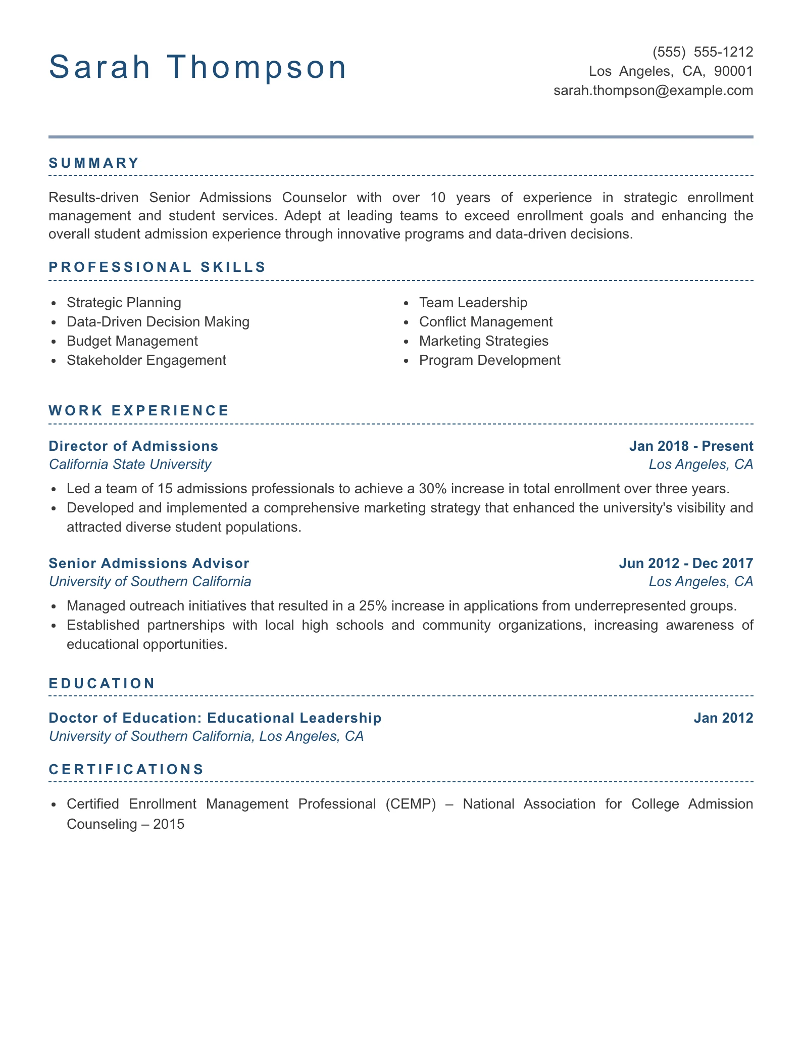 Senior Level Admissions Counselor Resume Example