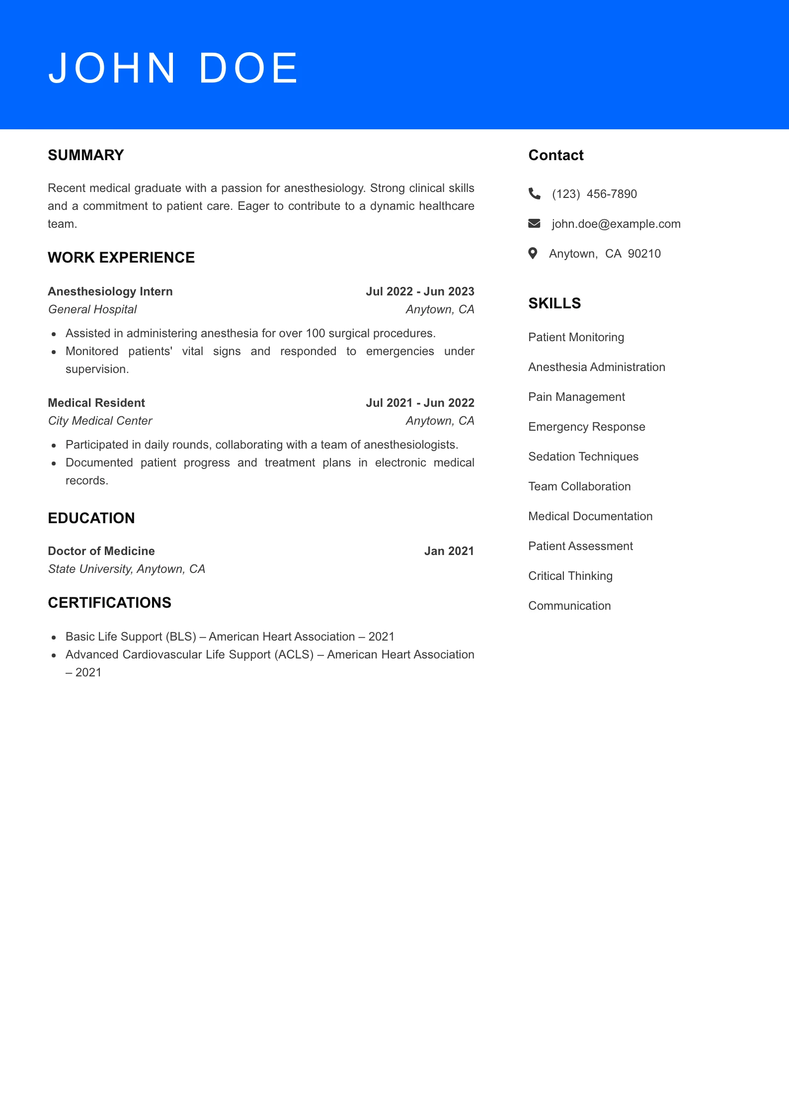 Selected Anesthesiologist Resume