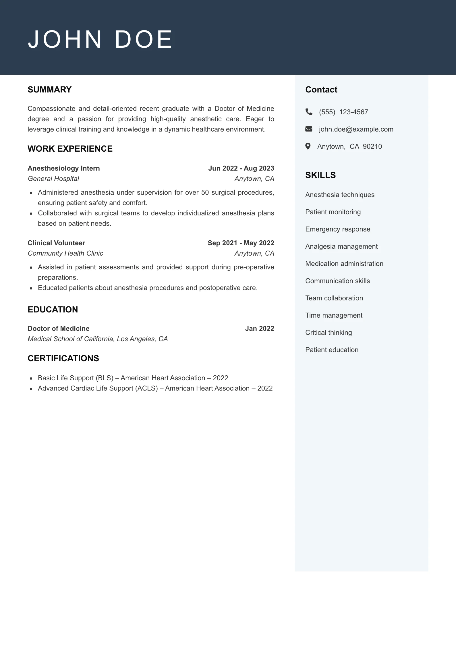 Entry Level Anesthesiologist Resume Example