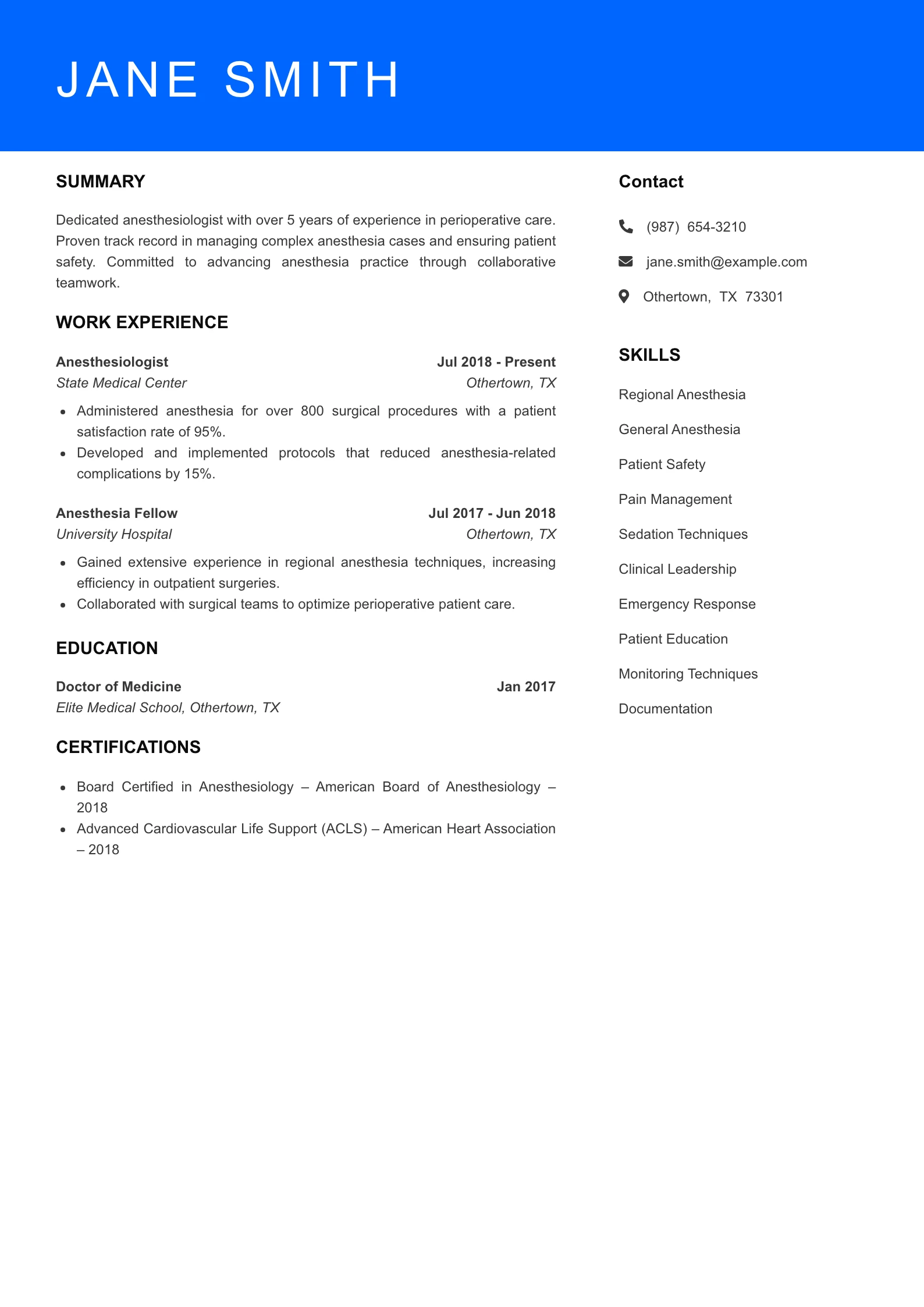 Mid Level Anesthesiologist Resume Sample