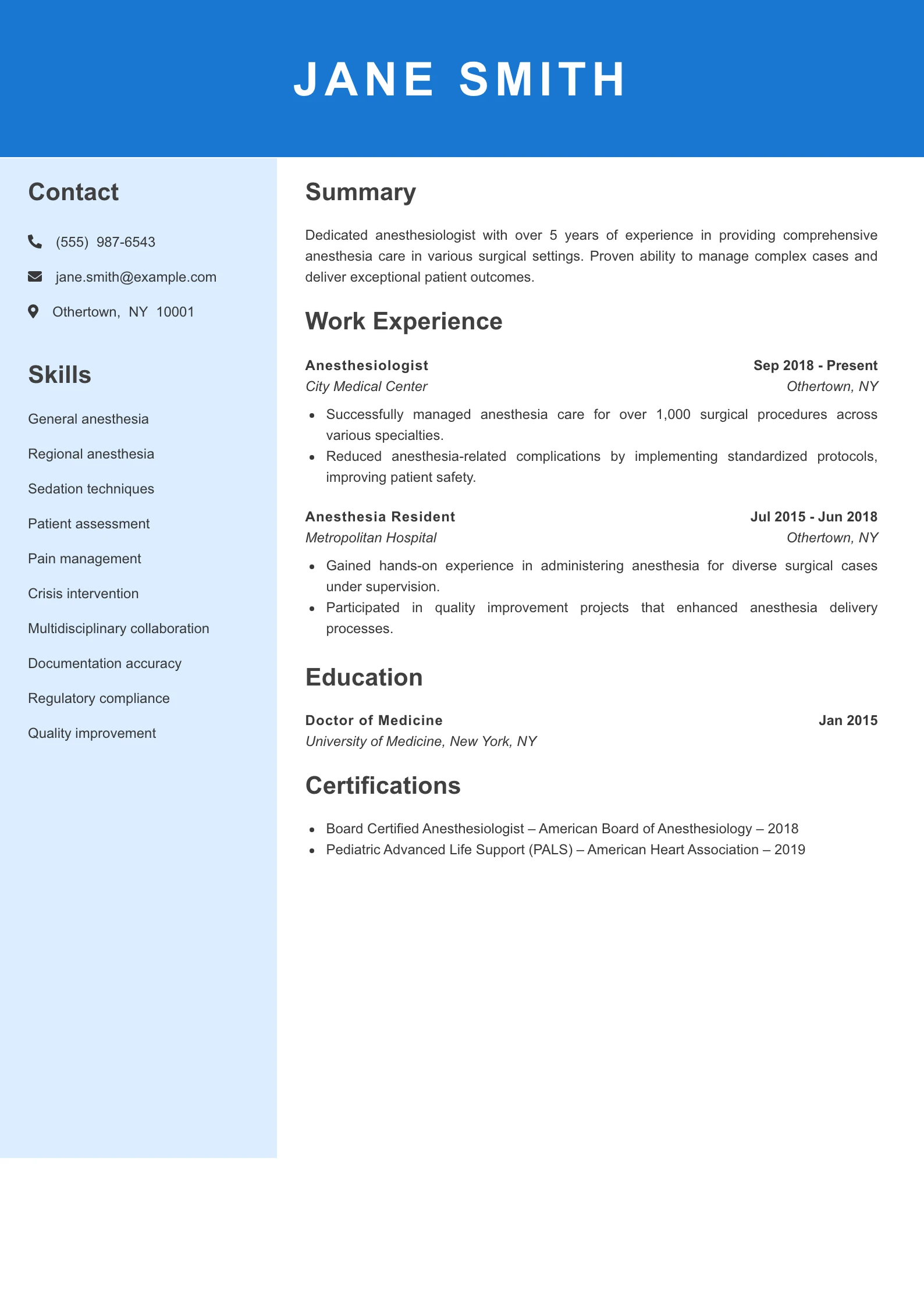 Mid Level Anesthesiologist Resume Example