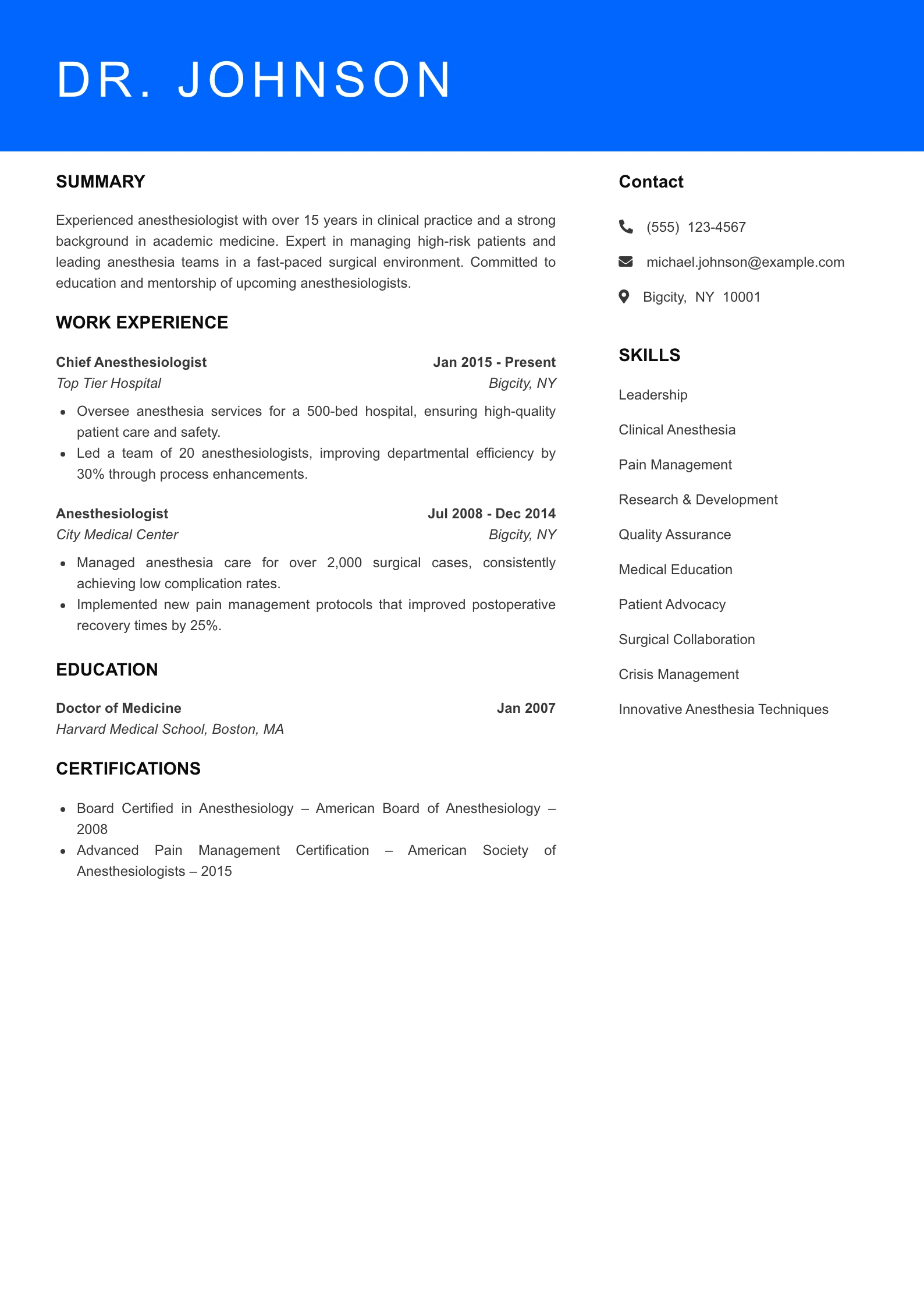 Senior Level Anesthesiologist Resume Sample