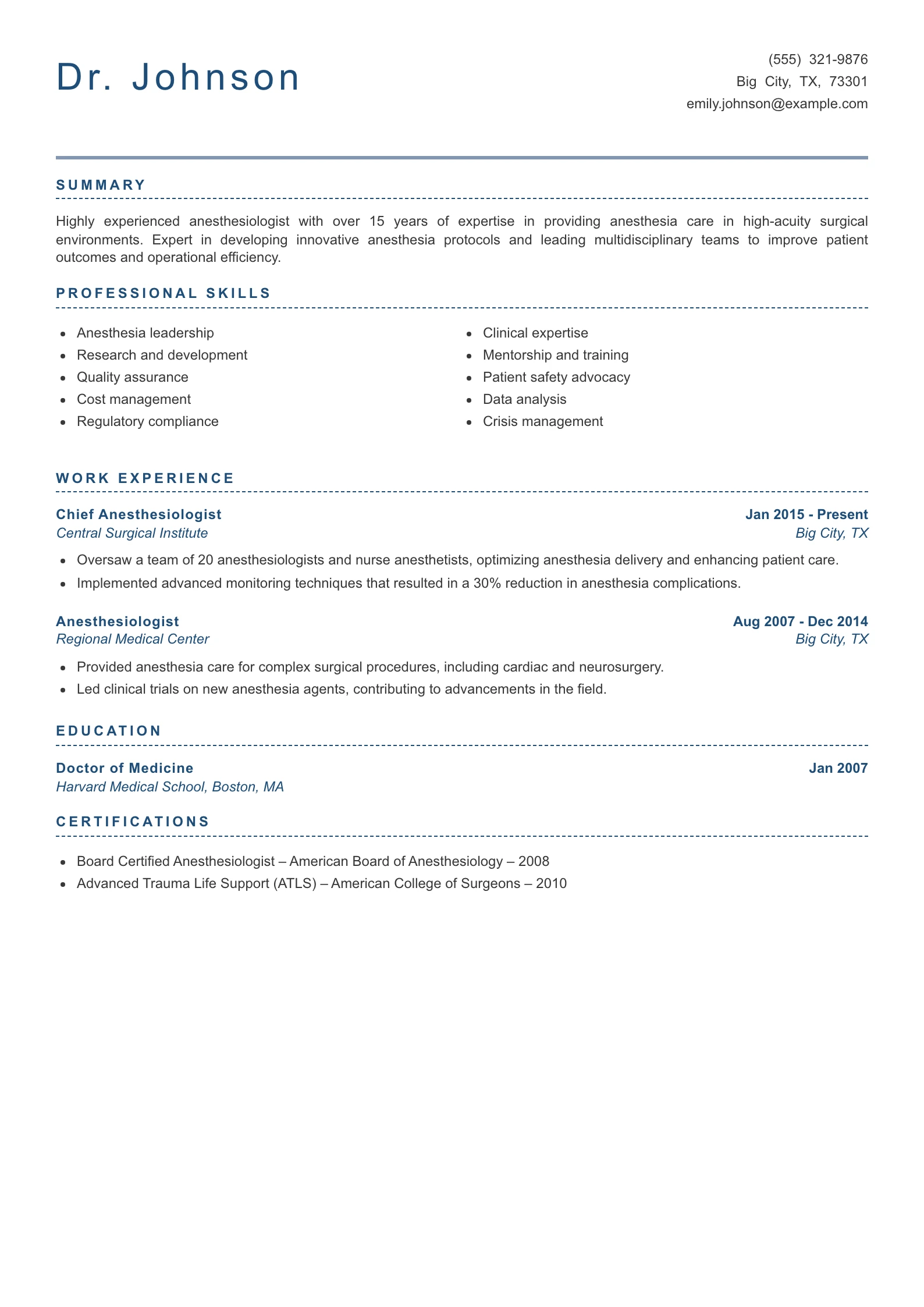 Senior Level Anesthesiologist Resume Example