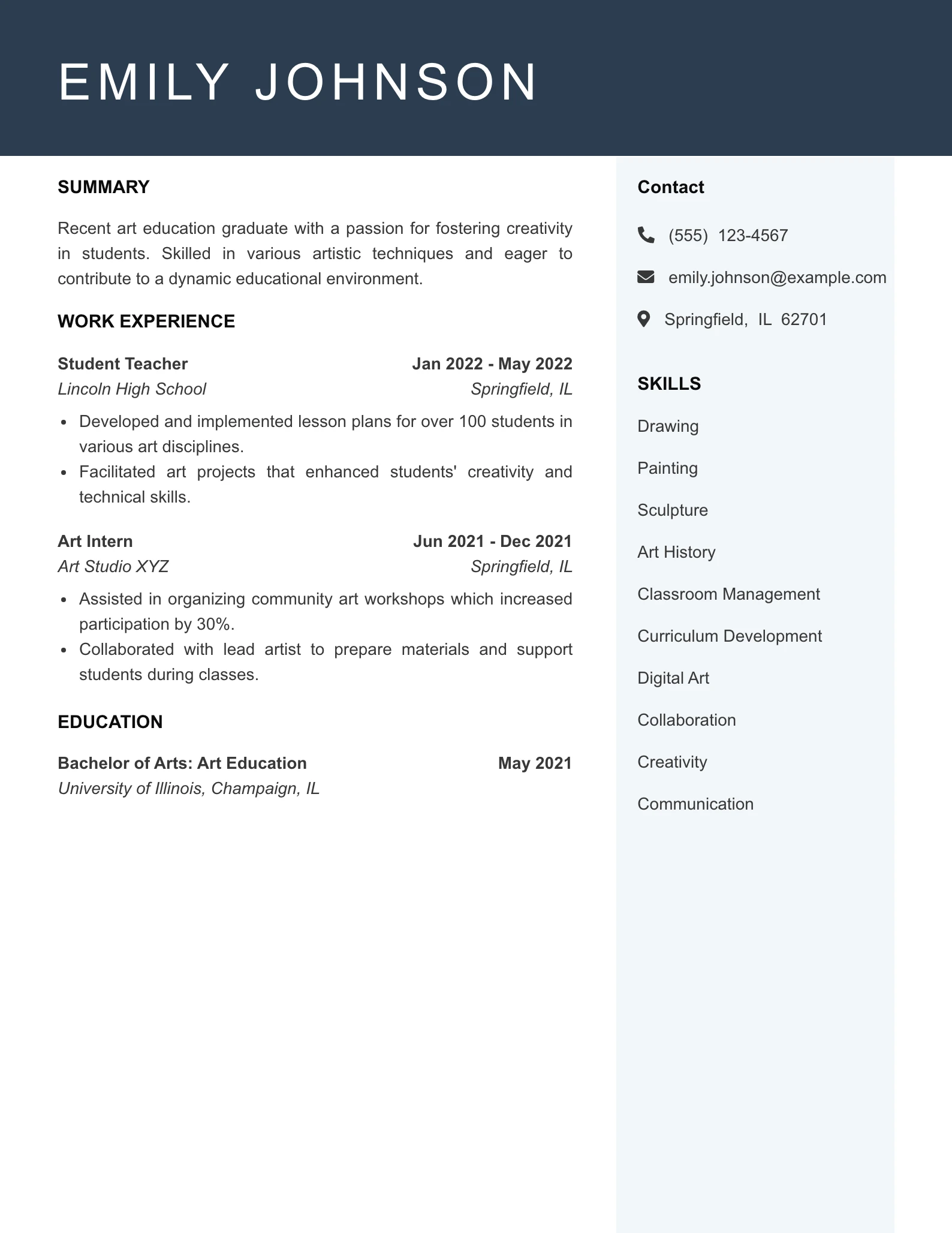 Entry Level Art Teacher Resume Example