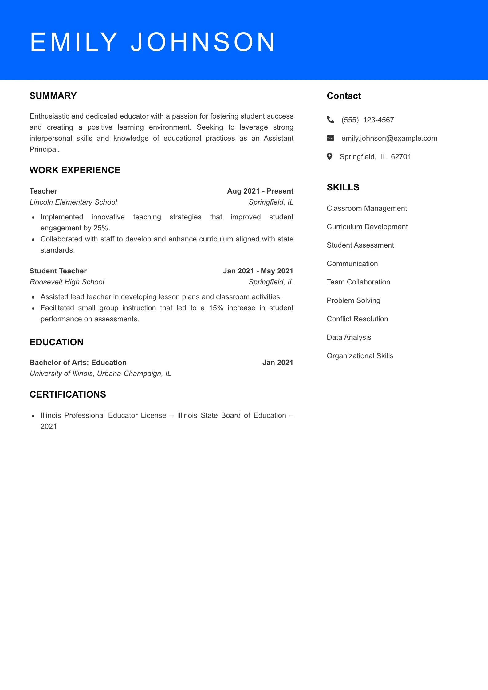 Selected Assistant Principal Resume