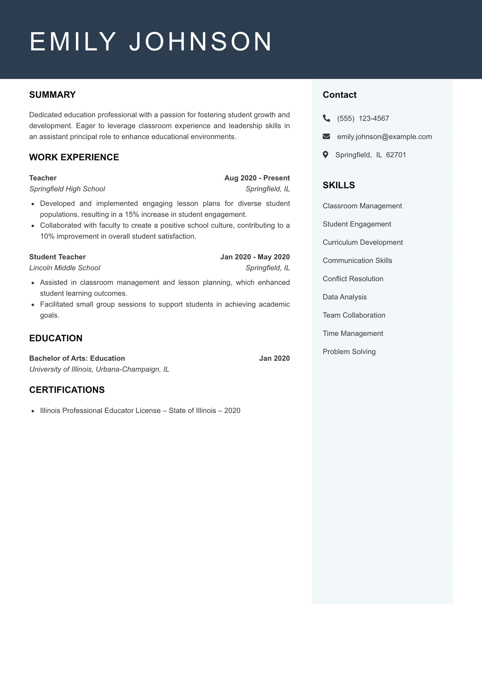 Entry Level Assistant Principal Resume Example