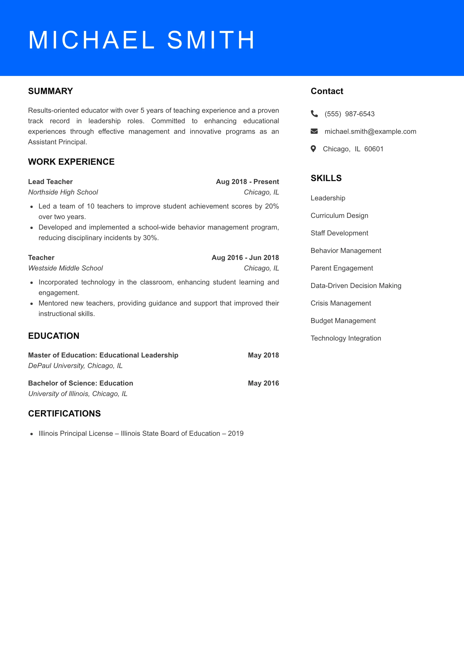 Mid Level Assistant Principal Resume Sample