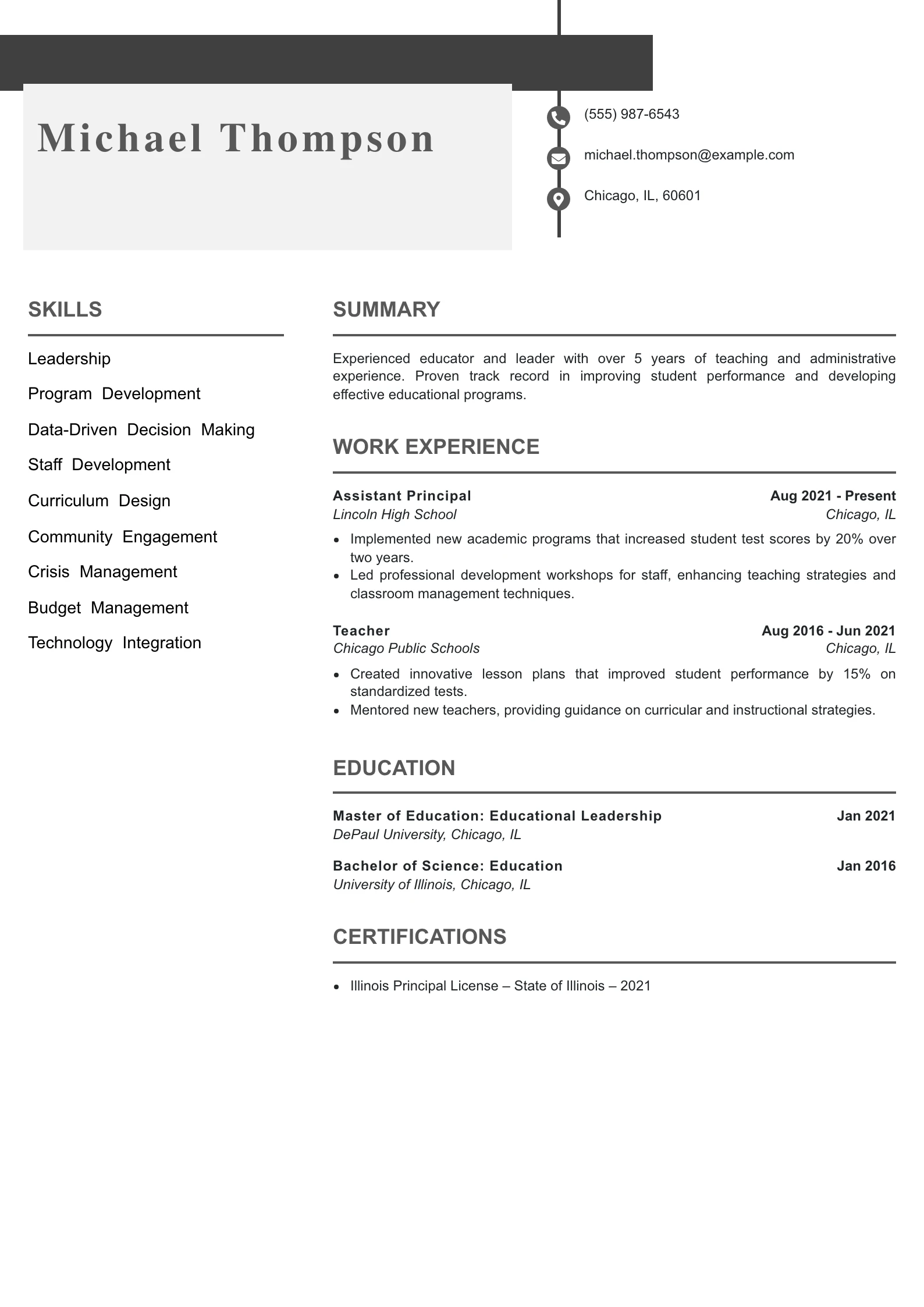 Mid Level Assistant Principal Resume Example