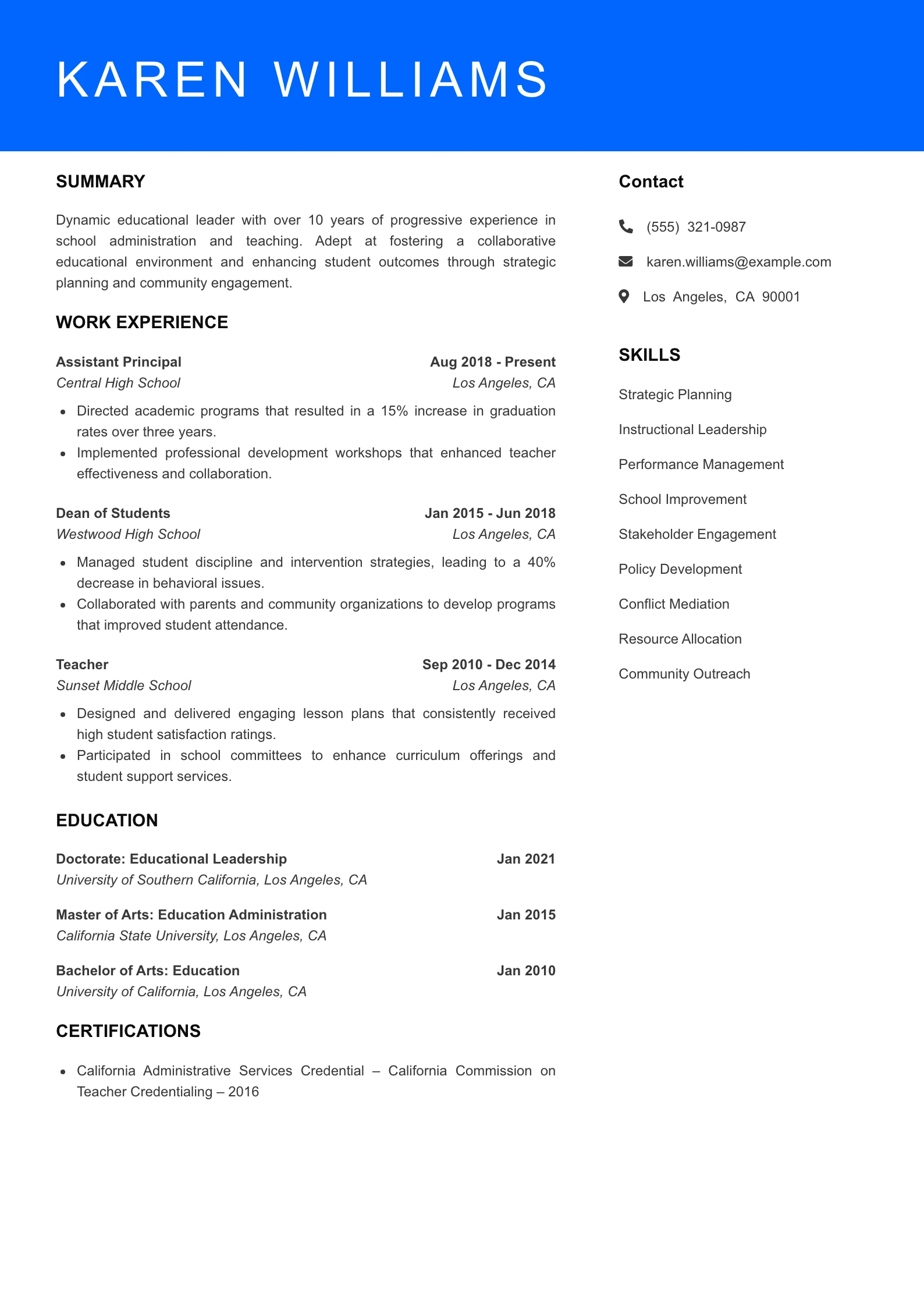 Senior Level Assistant Principal Resume Sample
